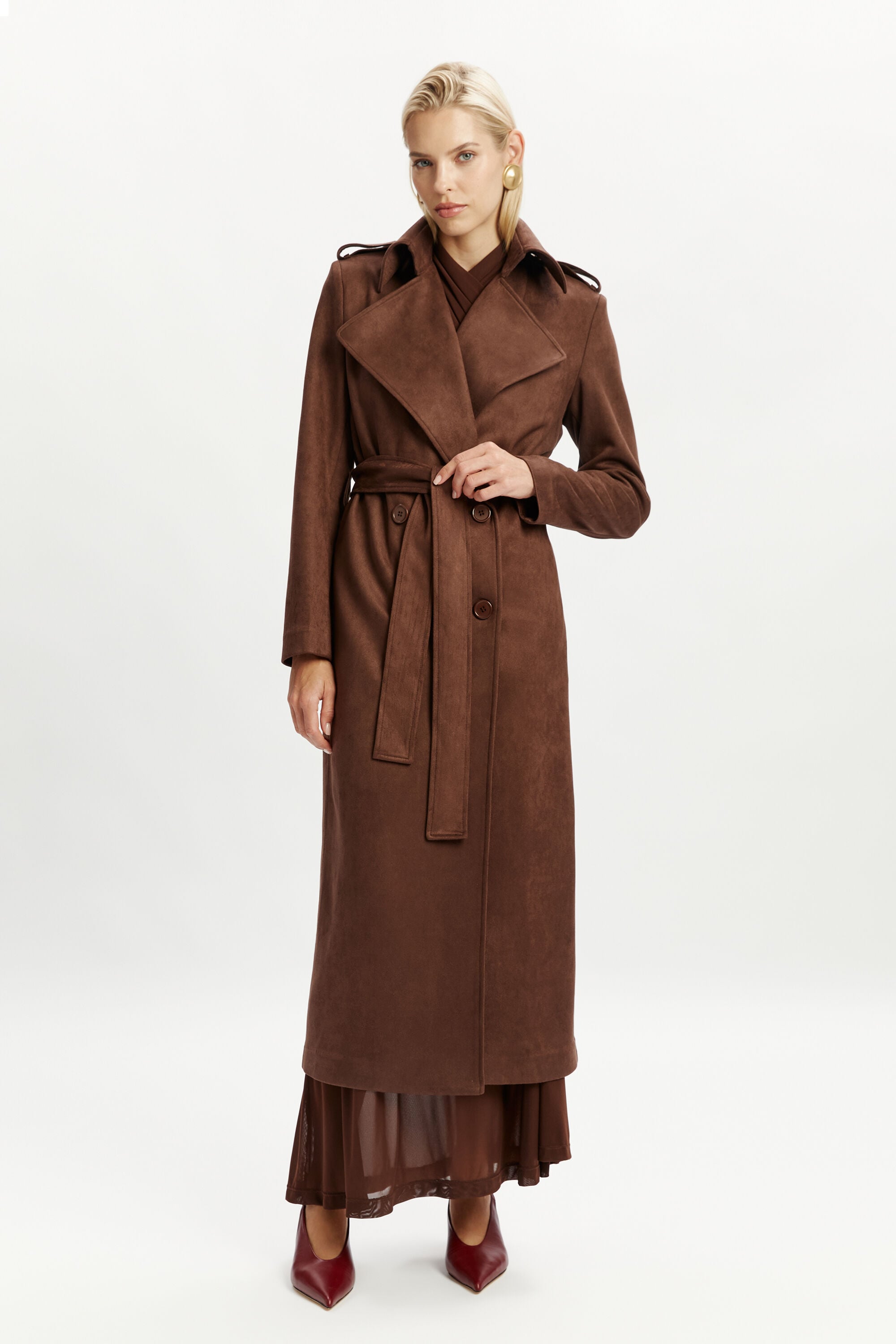 Kira Vegan Suede Trench Coat In Chocolate | Bardot
