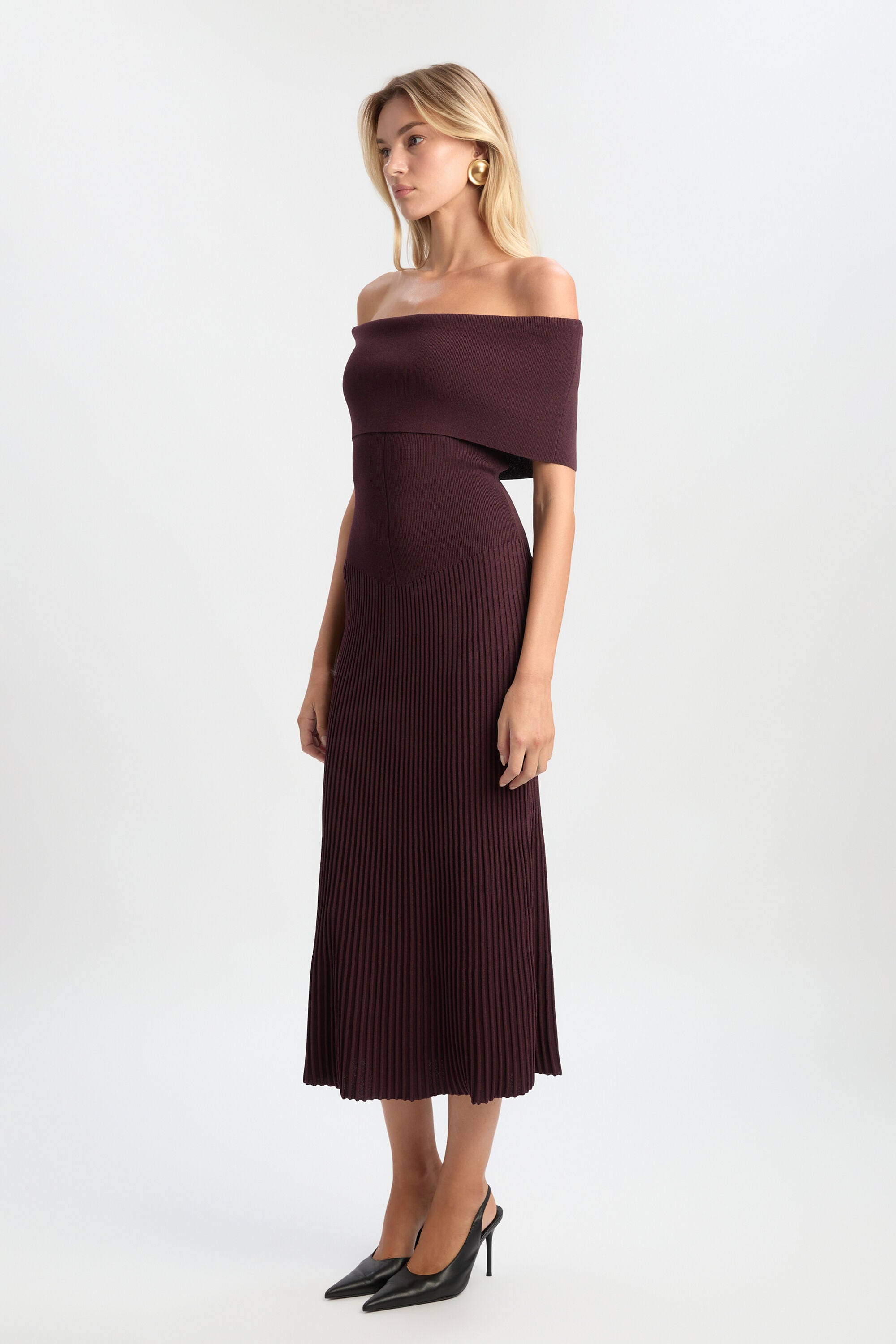 pleated bardot dress Harro Pleated Knit Dress In Deep Plum