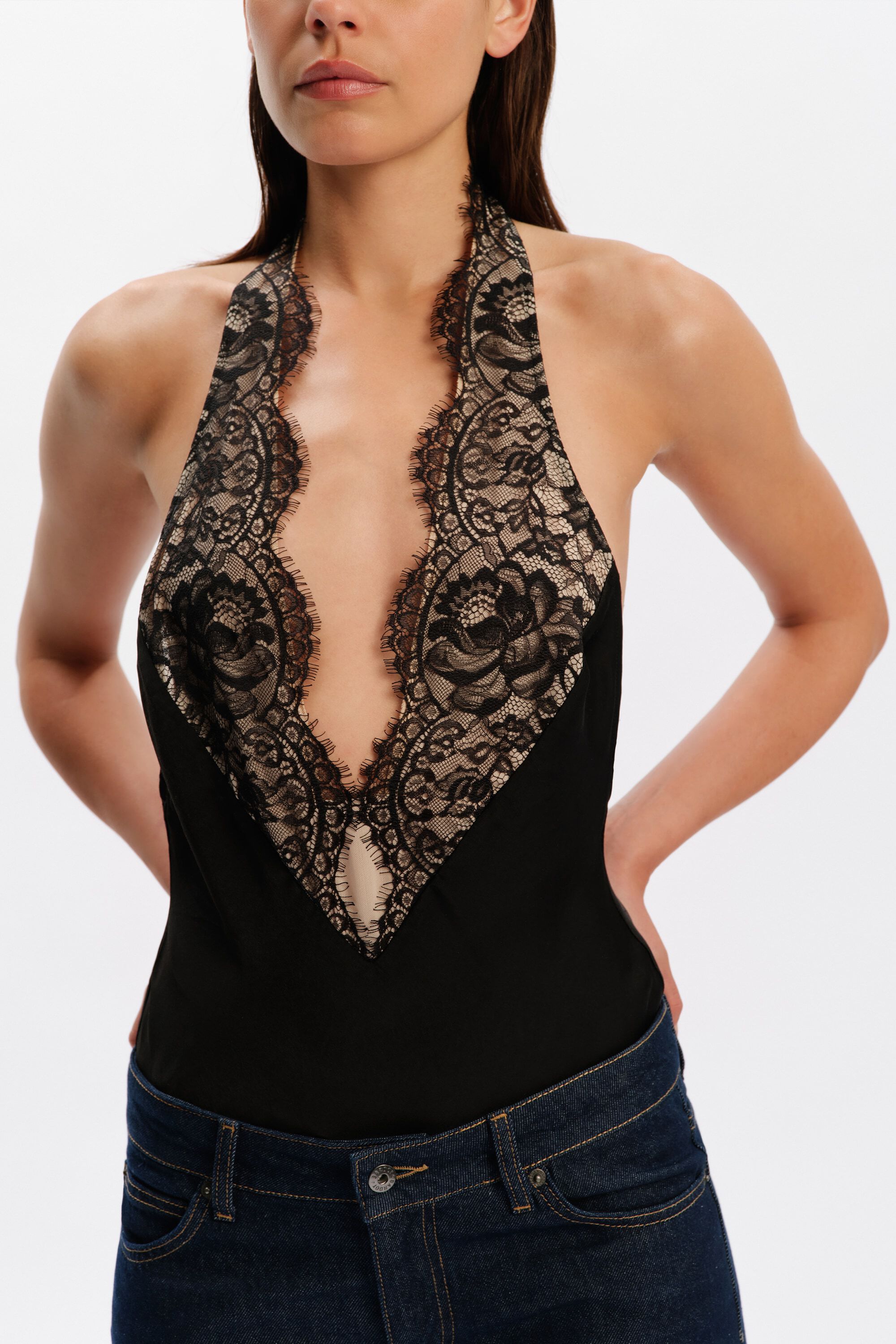 Elviria Halter Satin Bodysuit In Black | Bardot