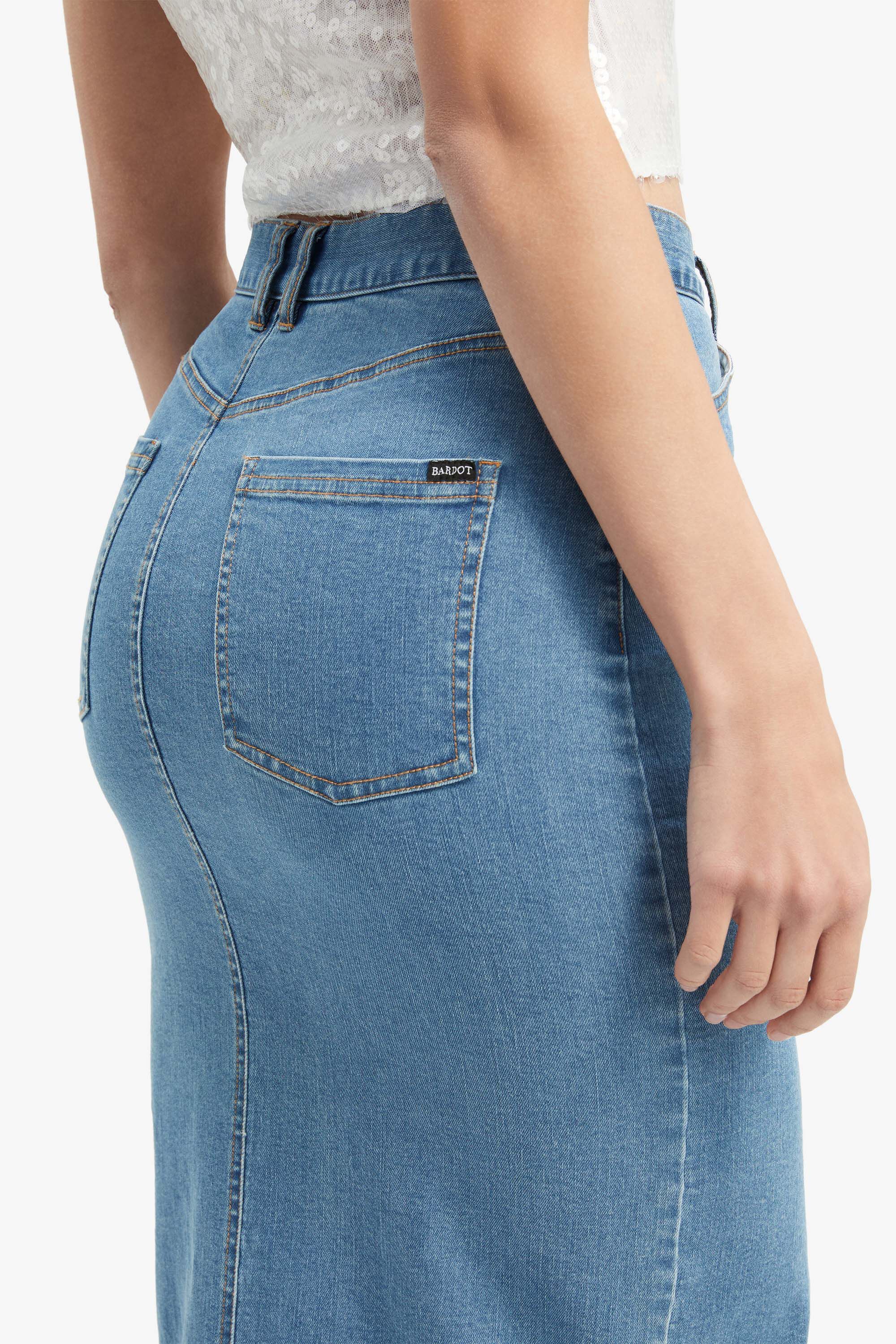 Demi Denim Midi Skirt In Vintage Bardot