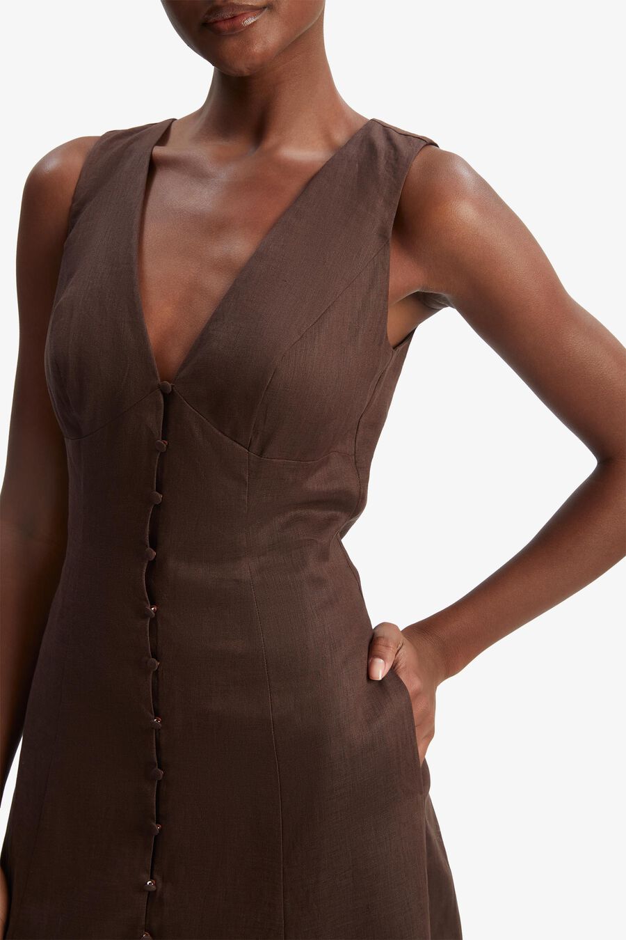 CORDELIA LINEN MIDI DRESS in colour CHOCOLATE