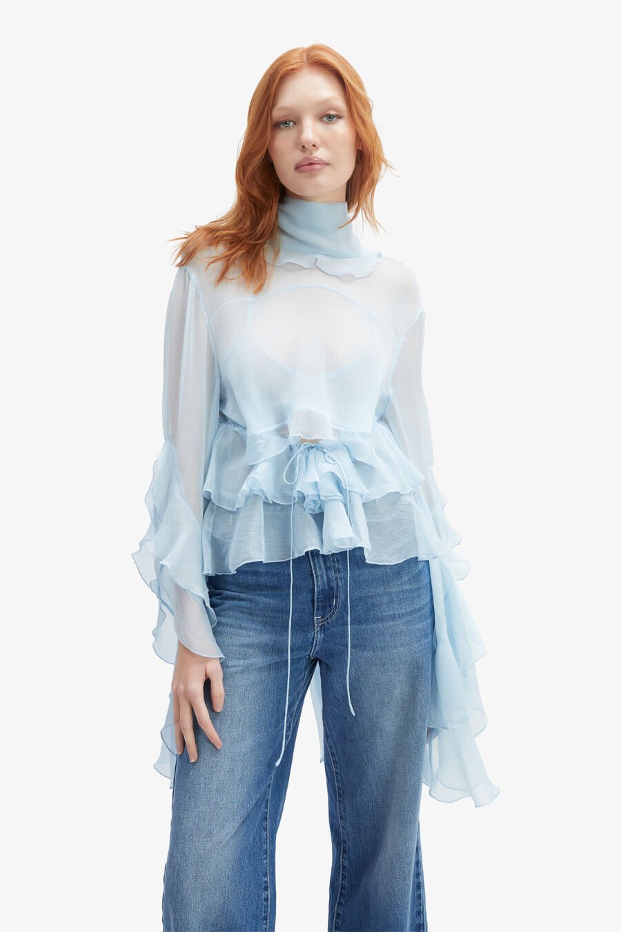 ANYSSA RUFFLE BLOUSE in colour SOFT BLUE
