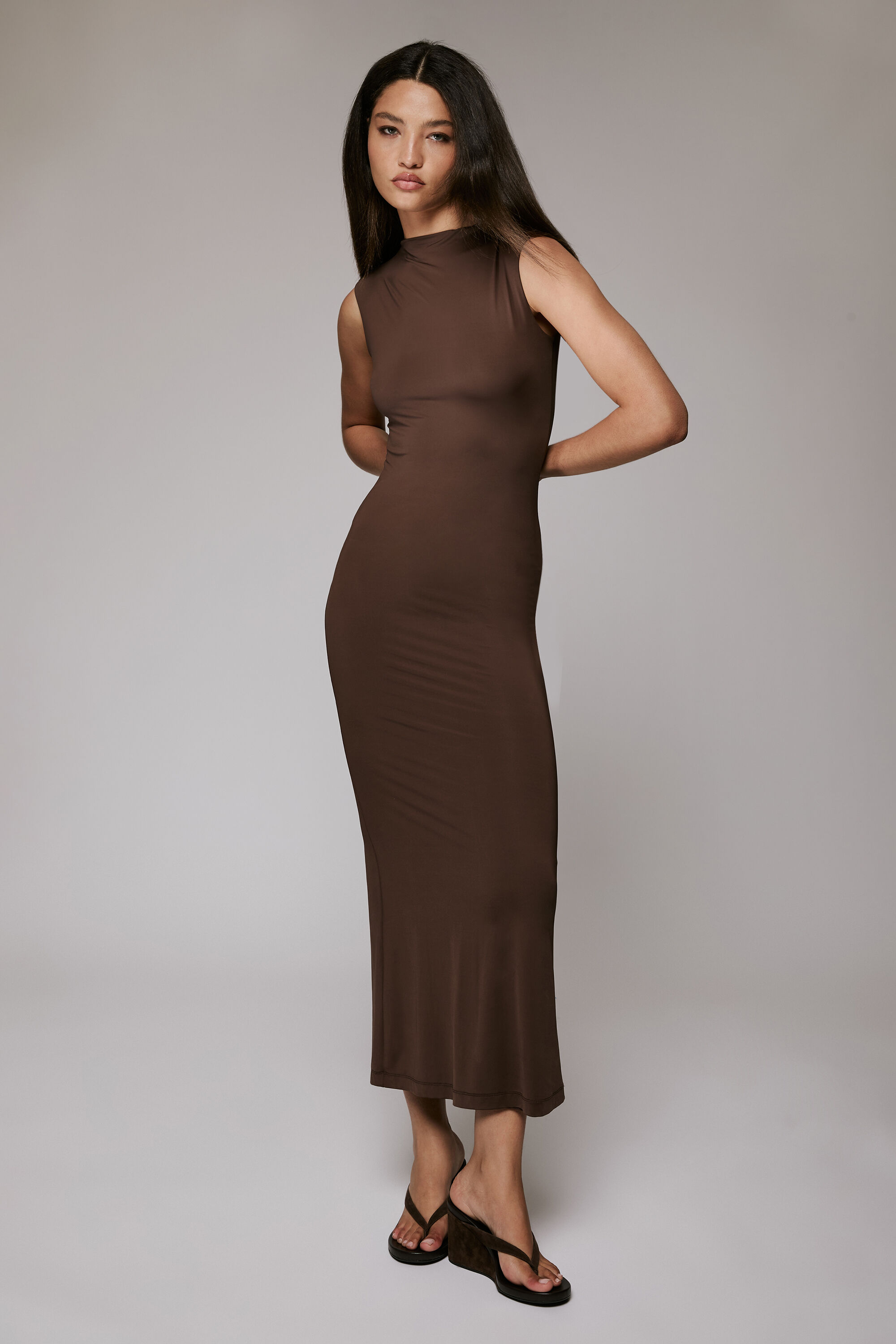 Veneda High Neck Maxi Dress In Chocolate | Bardot