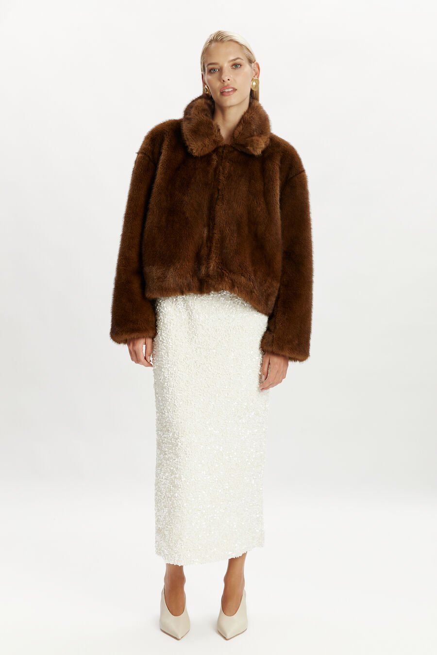 SYLVIE ZIP FAUX FUR JACKET in colour CHOCOLATE