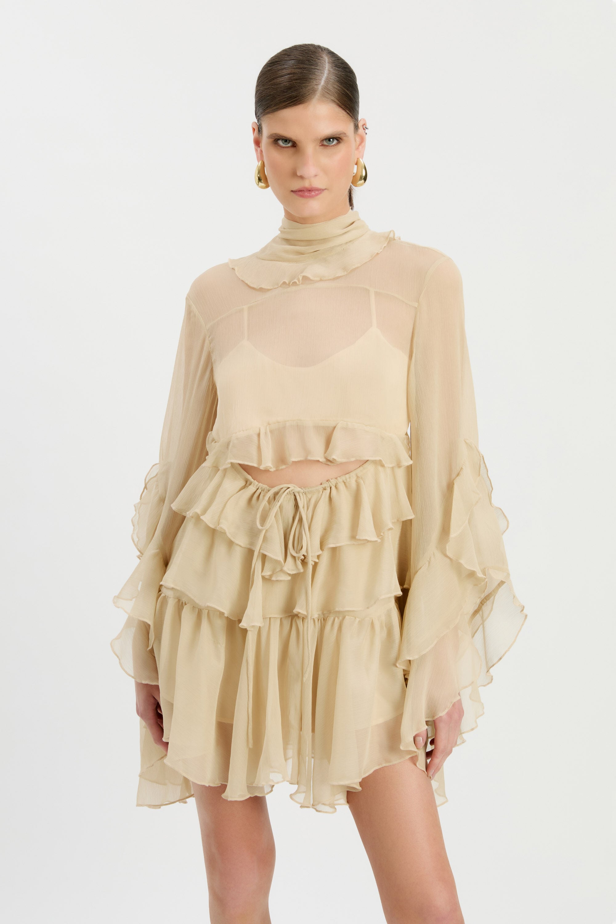 beige bardot dress Wholesale Slinky Bardot Dress With Knot Drape Detail – Stylewise Direct main image 0