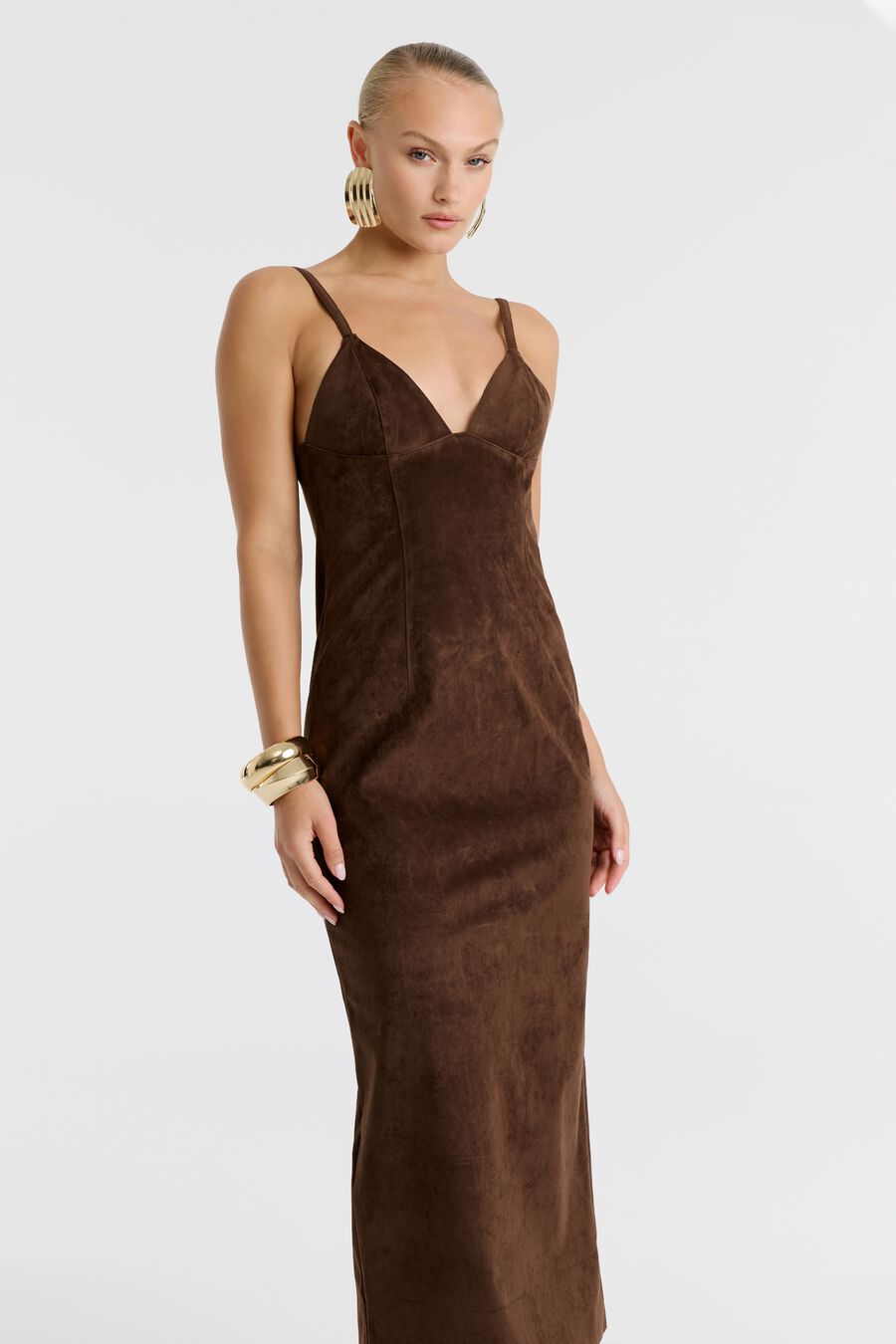 ESTINE VEGAN SUEDE MIDI DRESS in colour DARK CHOCO