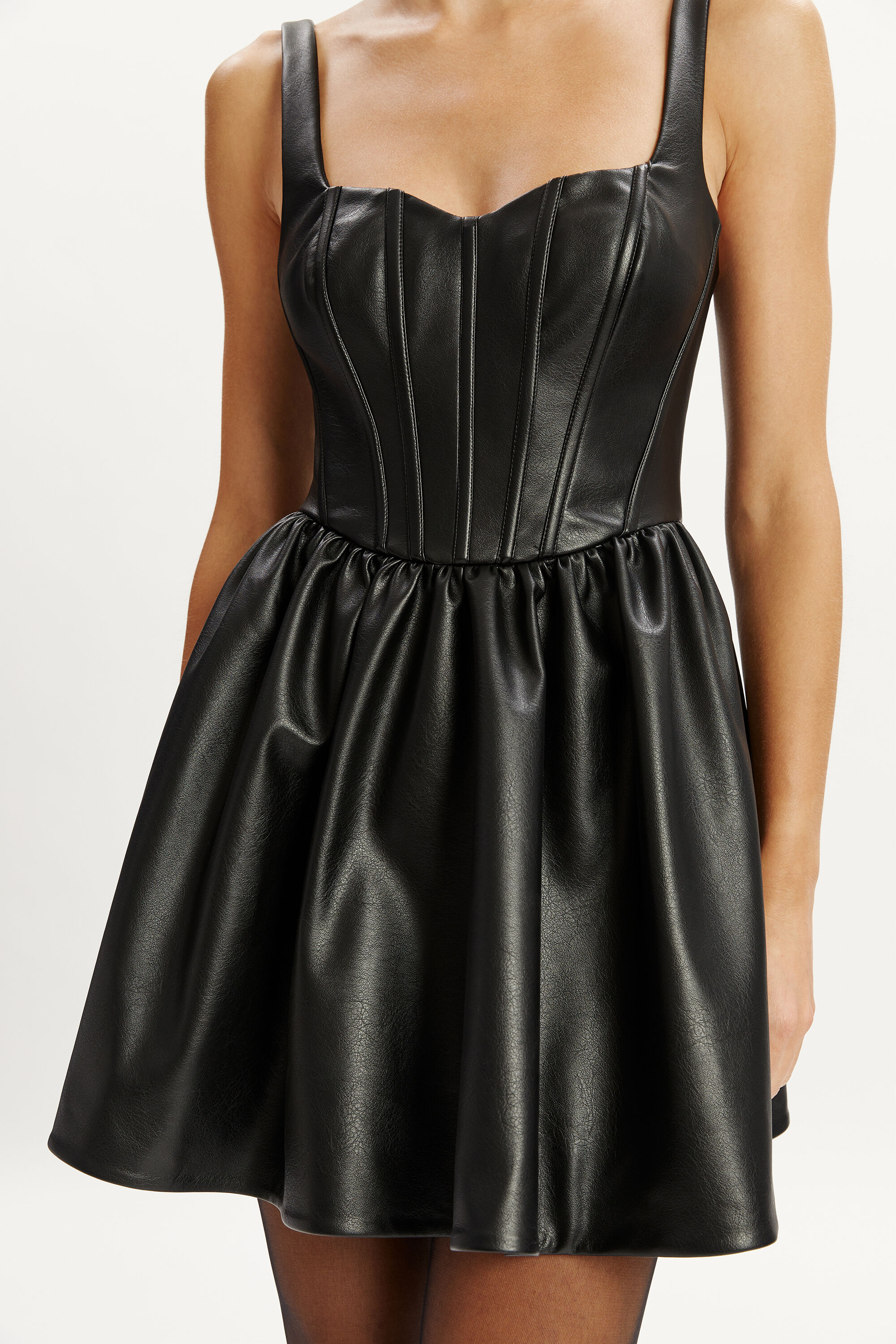 Savoy Vegan Leather Mini Dress In Black | Bardot