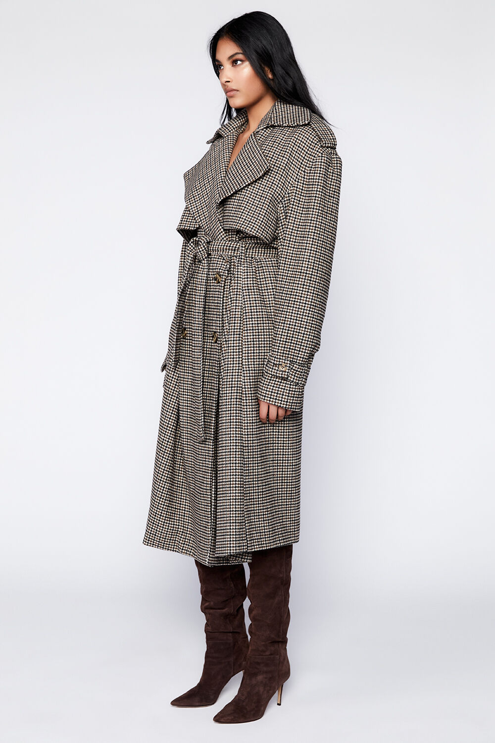 OVERSIZED CHECK TRENCH in colour TOBACCO BROWN