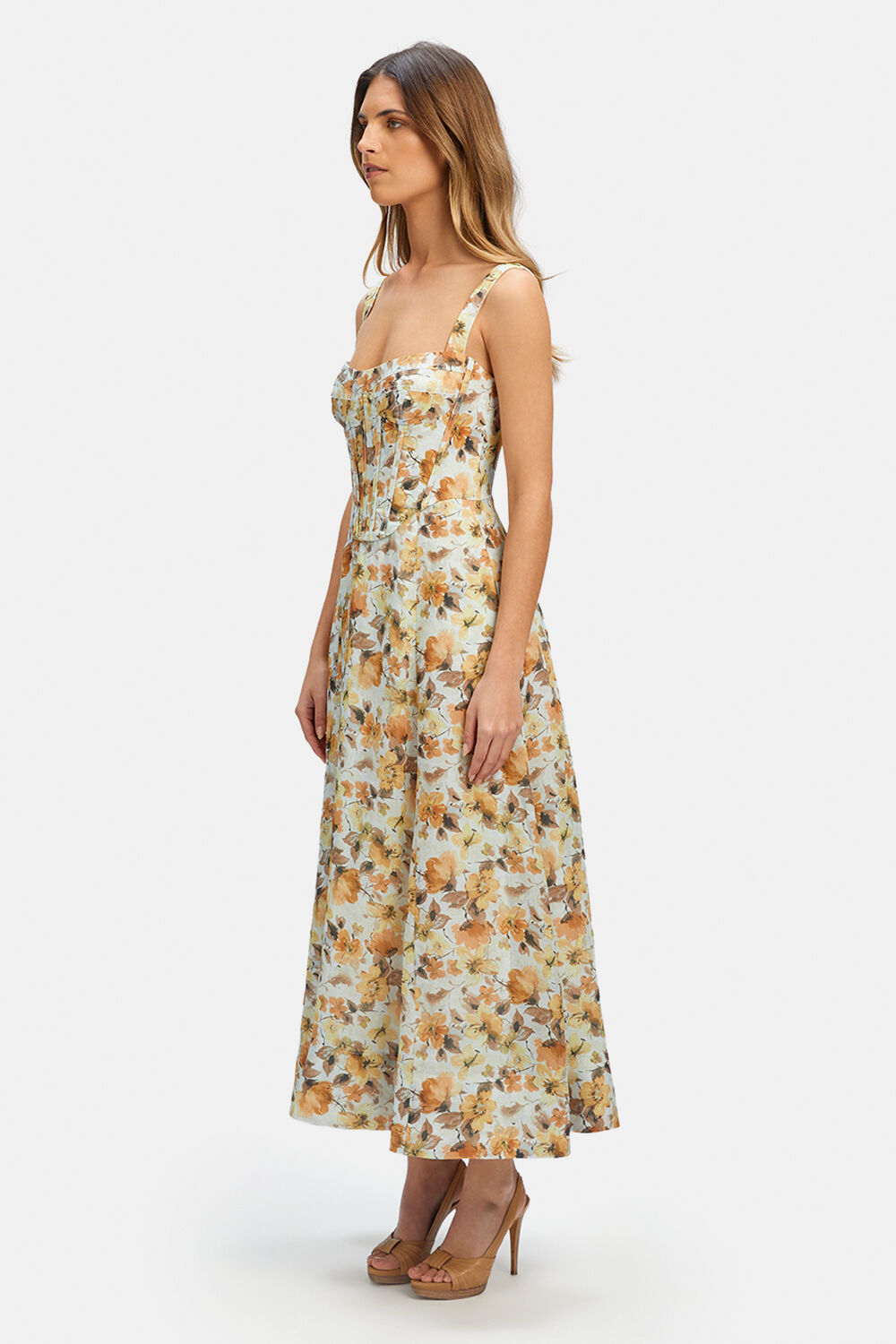 LILAH CORSET MIDI DRESS in colour PASTEL YELLOW
