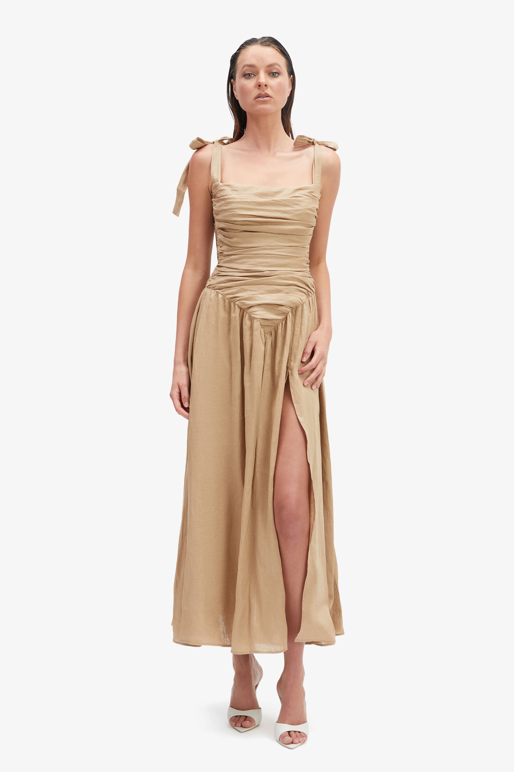 Mirelle Linen Maxi Dress In Latte | Bardot