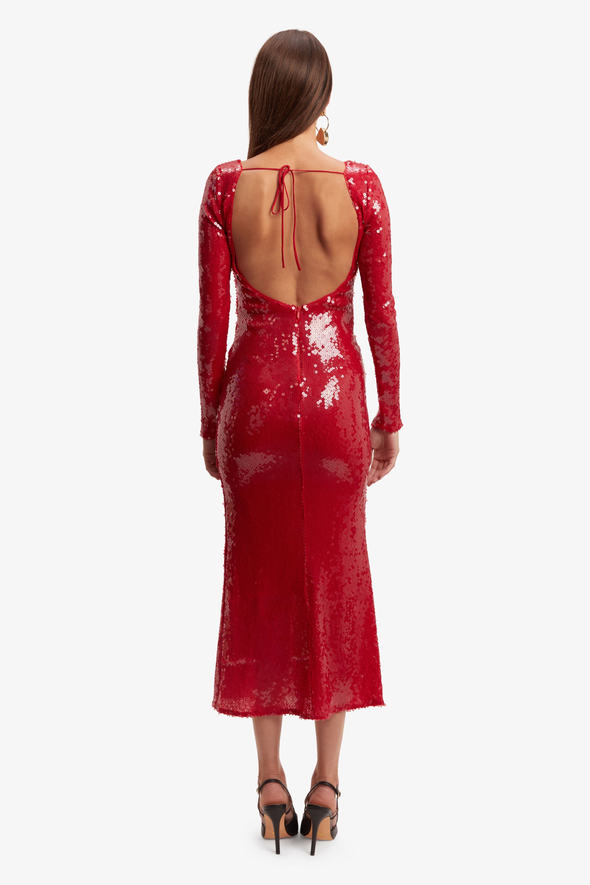 Red sequin bardot dress discount