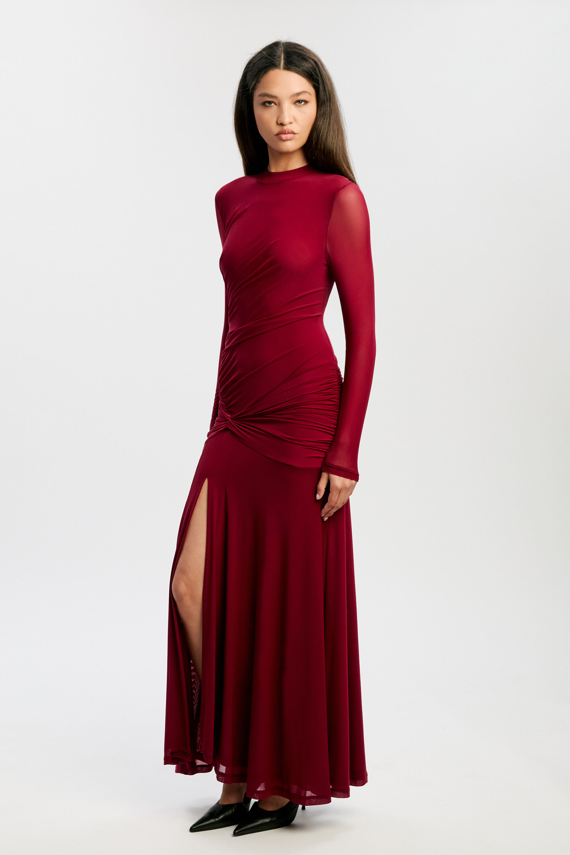 Liyana Ruched Mesh Dress In Berry | Bardot