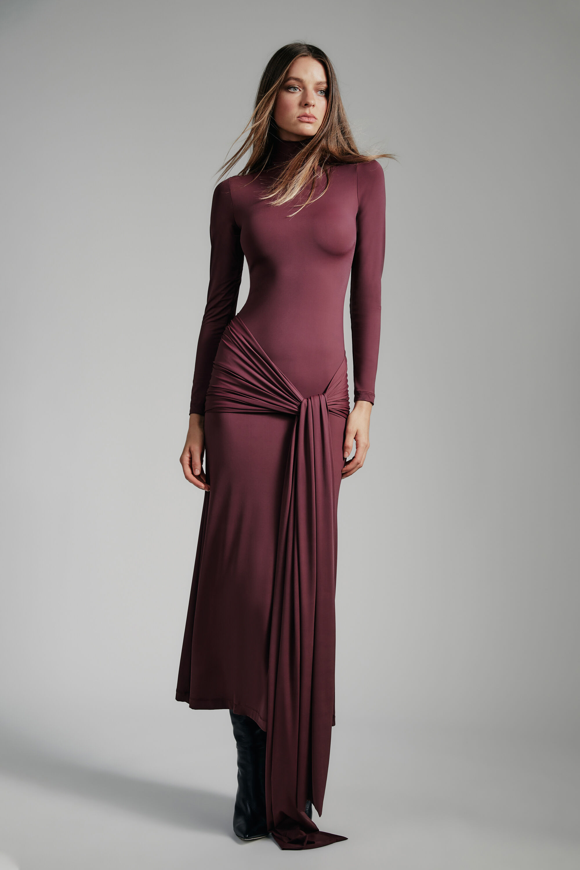 Alix Maxi Tie Front Dress In Deep Plum Bardot