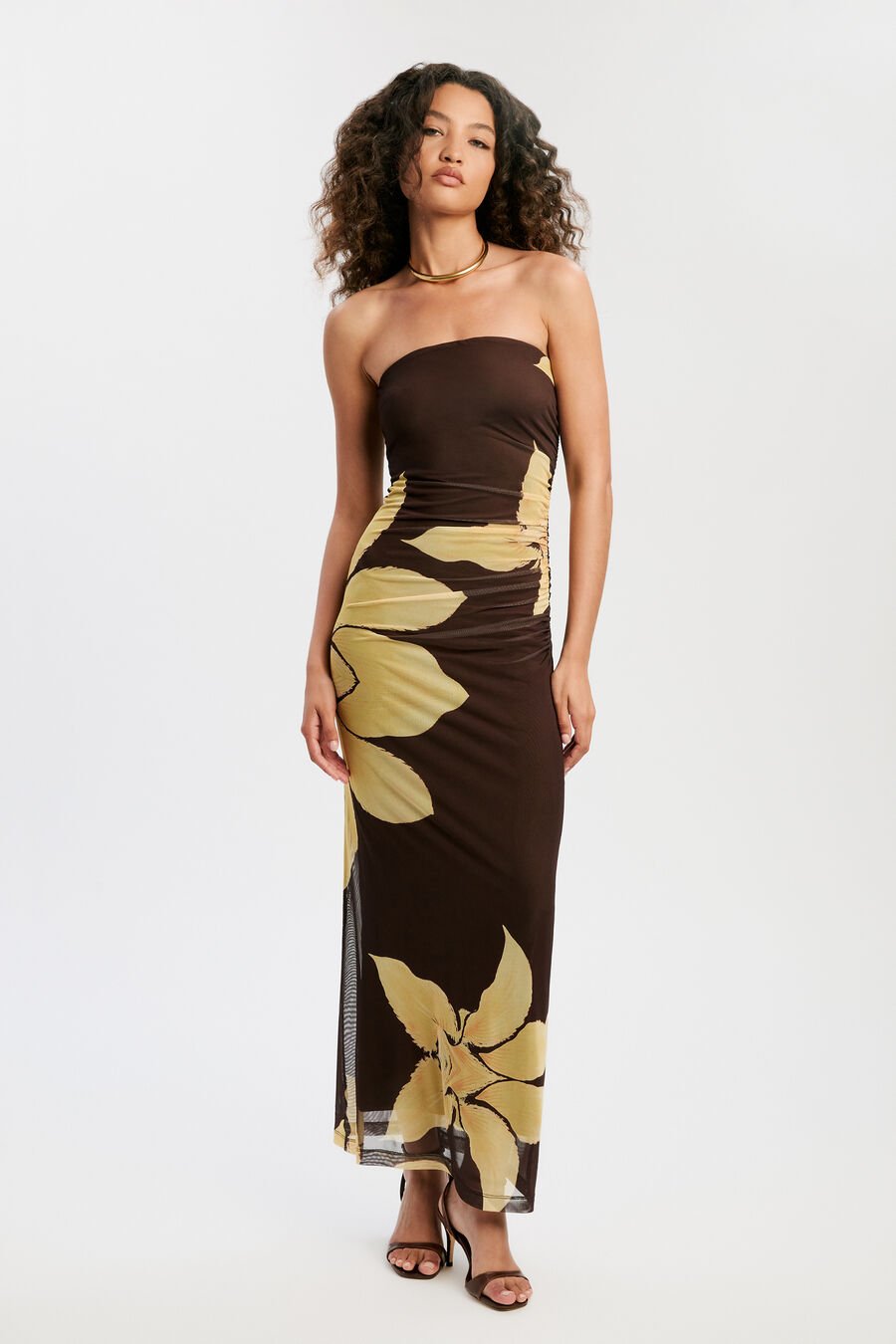 CIERA STRAPLESS MESH DRESS in colour Chocolate Floral