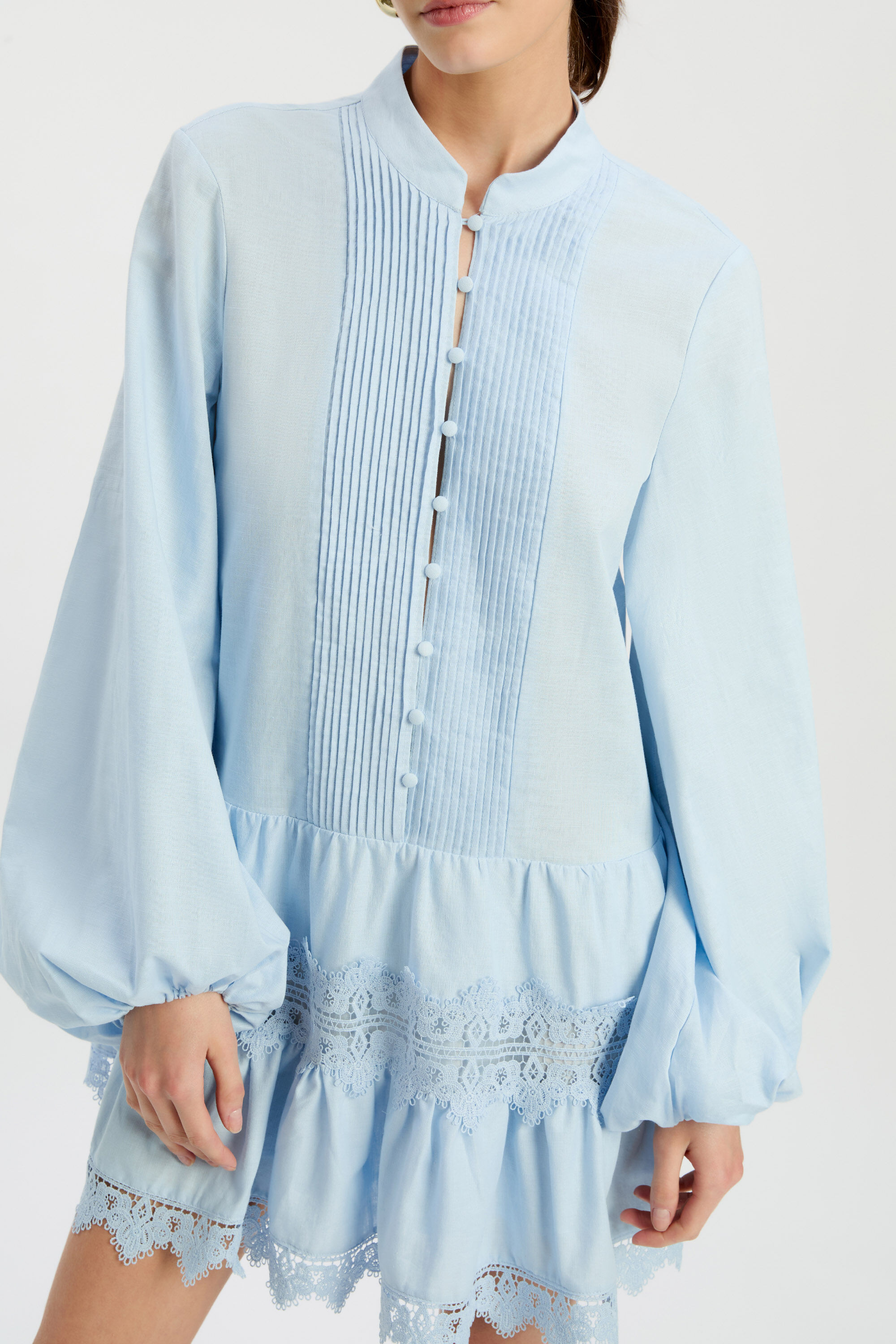 Antonia Lace Trim Mini Dress In Soft Blue | Bardot