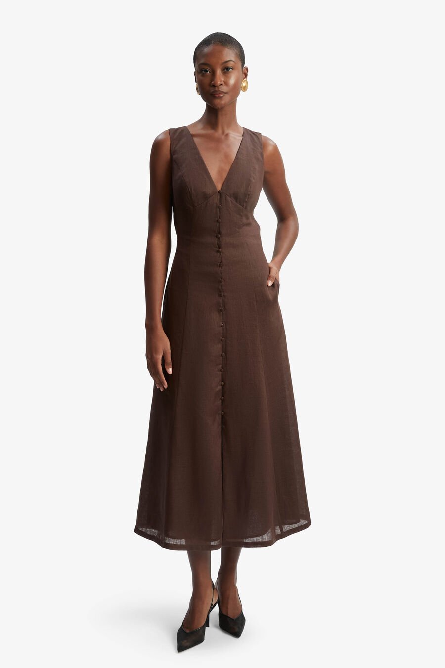 CORDELIA LINEN MIDI DRESS in colour CHOCOLATE