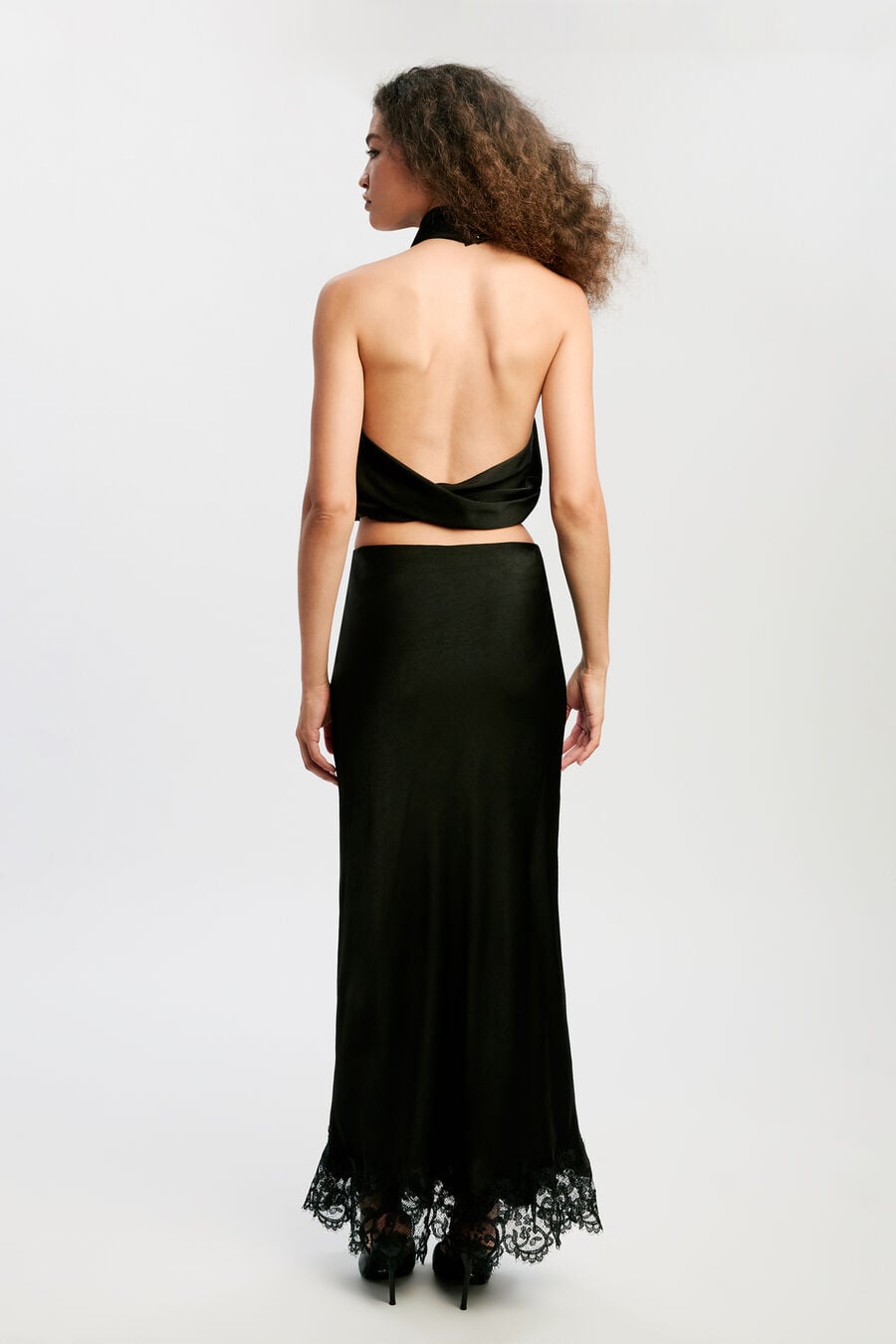 ELISAN LACE SATIN MIDI SKIRT in colour BLACK