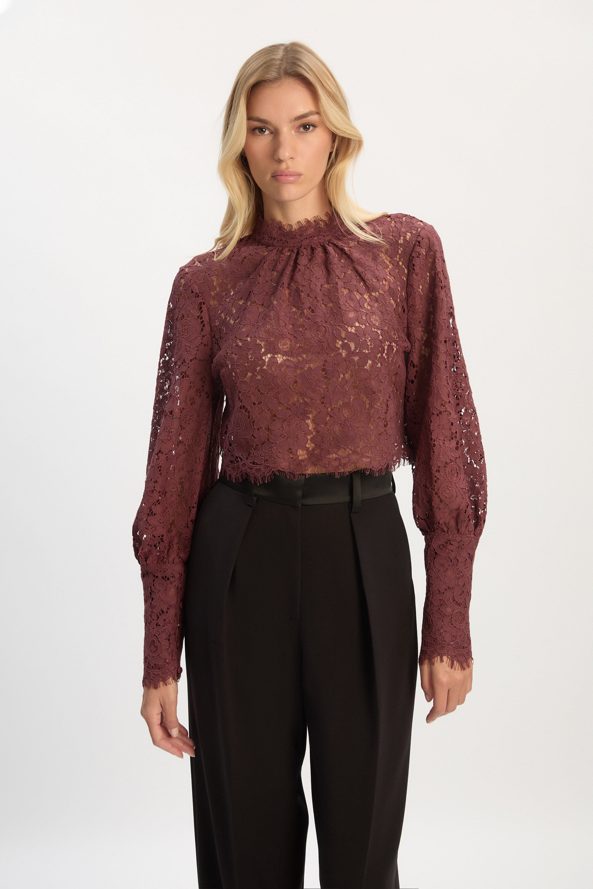Lace Georgia Top In Deep Plum | Bardot