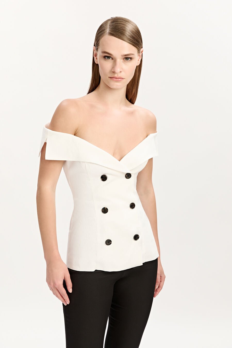 ELIORA BUTTON FRONT LINEN TOP in colour ORCHIDWHT