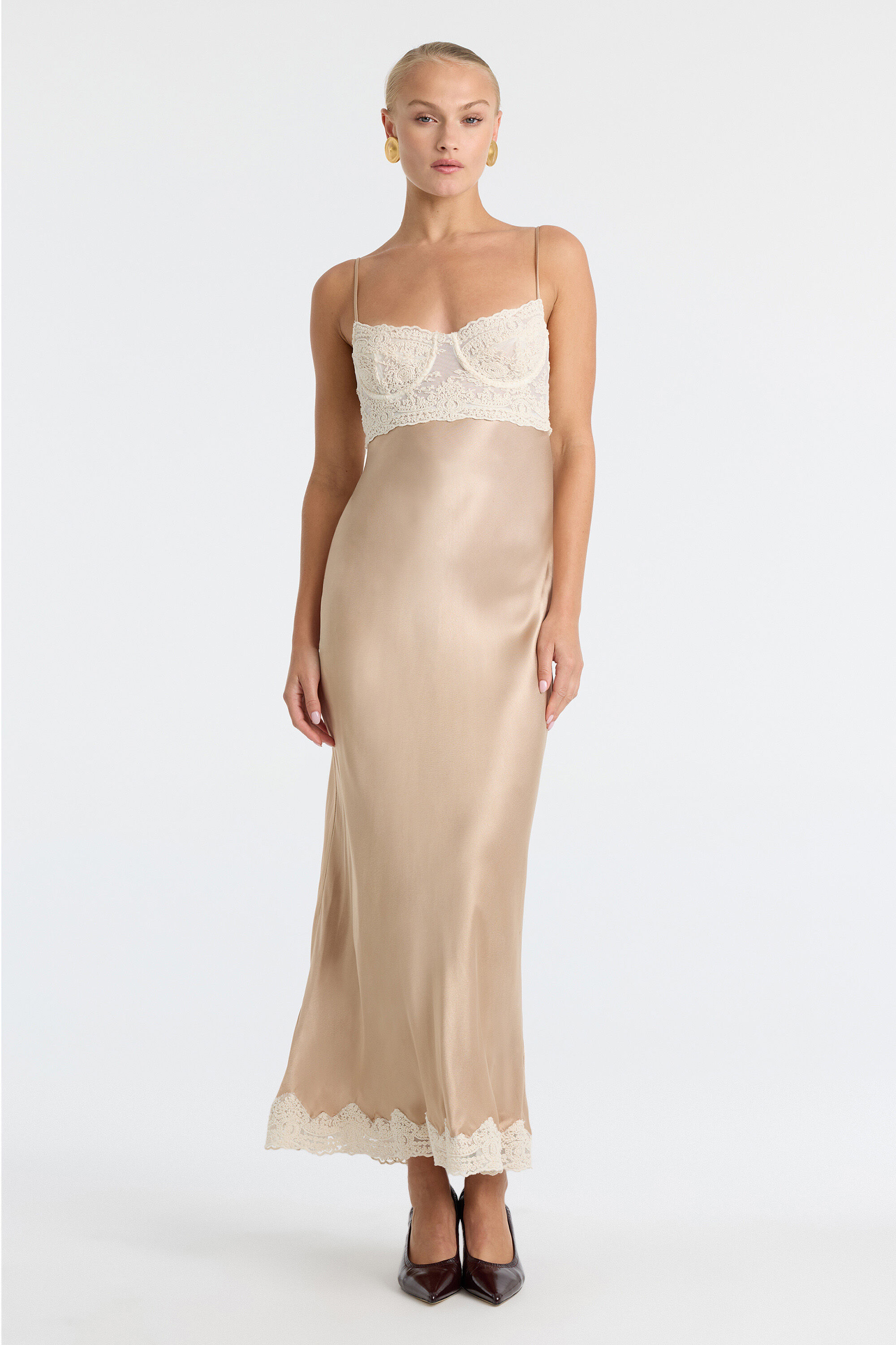 chinese dress ladies Metallic Gold Satin Lace Trim Midi Dress main image 1