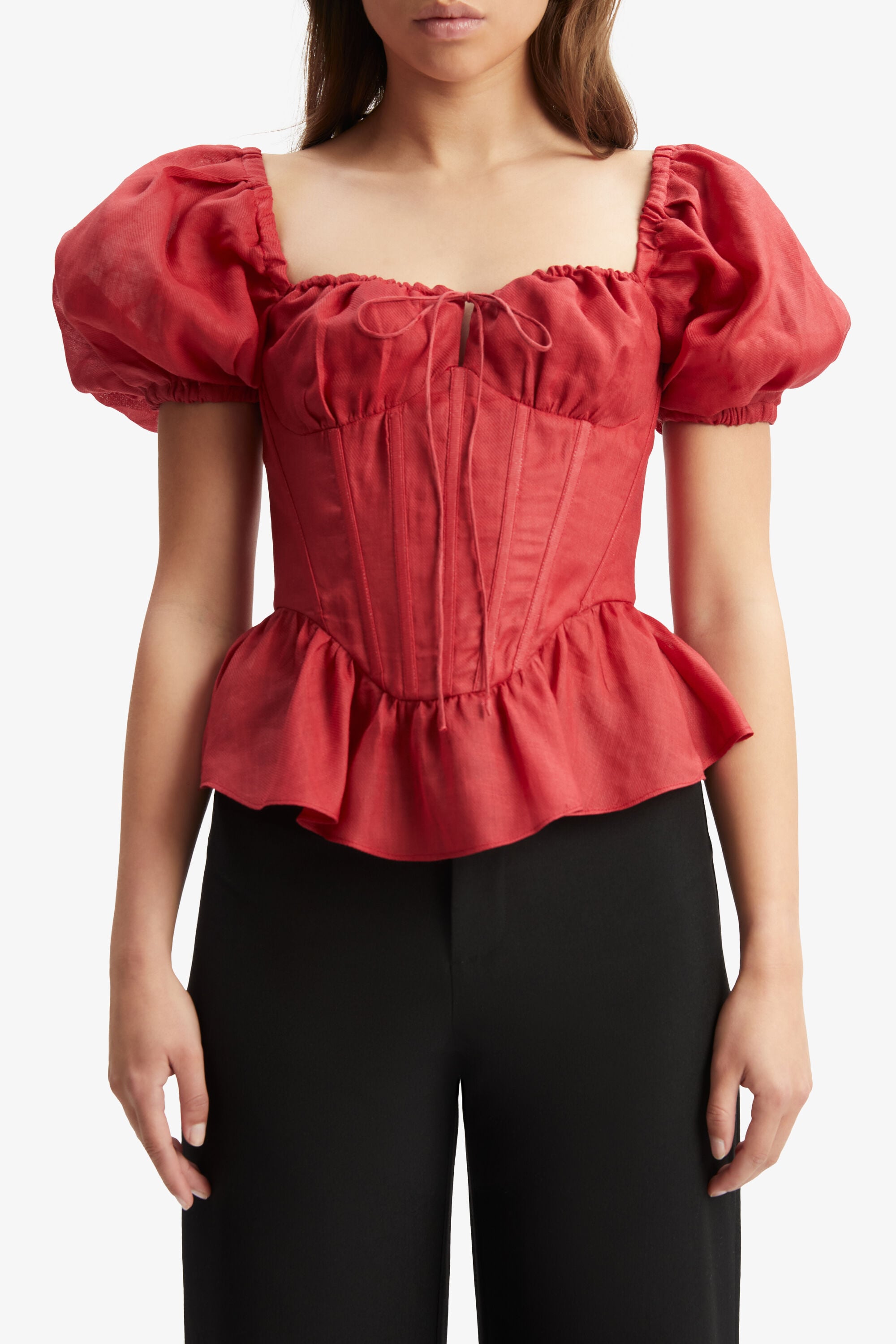 Esra Puff Sleeve Corset Top In Fire Red | Bardot