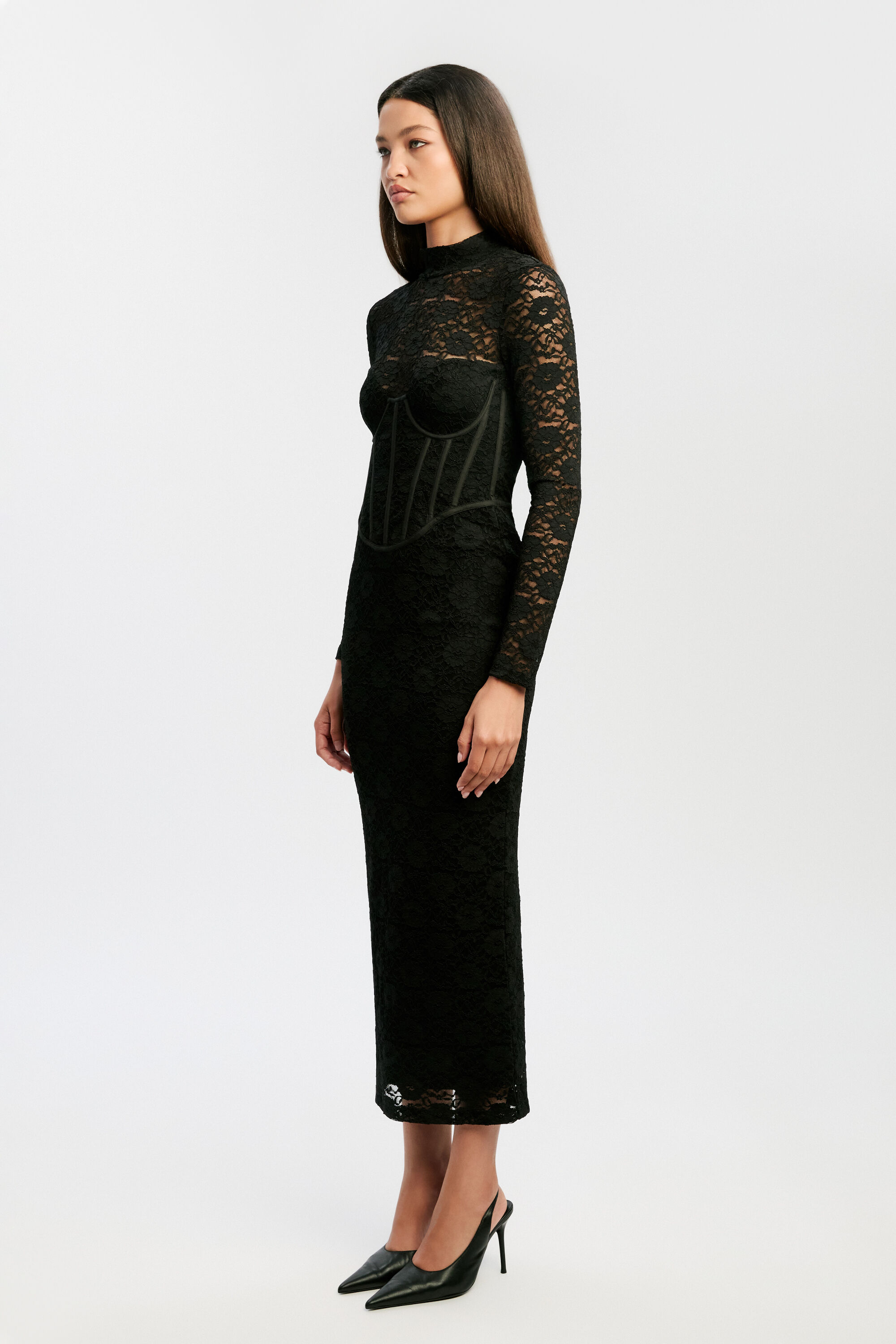 knee length dresses for ladies Zephyra Black Lace Corset Panel Midi Dress, L / Black