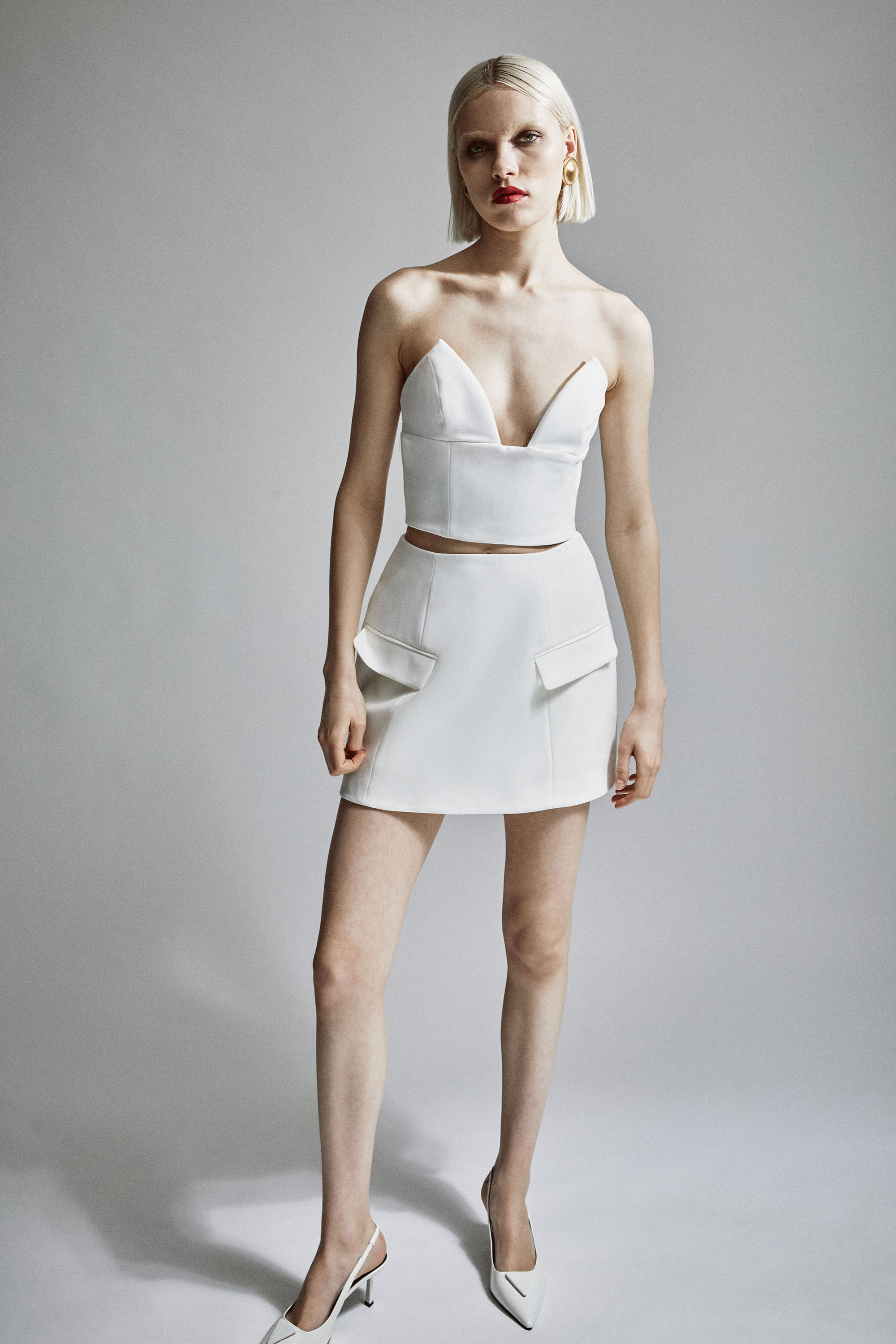 White leather skirt bardot top