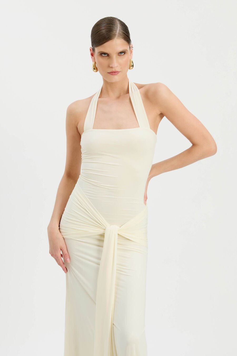 EMILIA TIE FRONT HALTER DRESS in colour Ivory