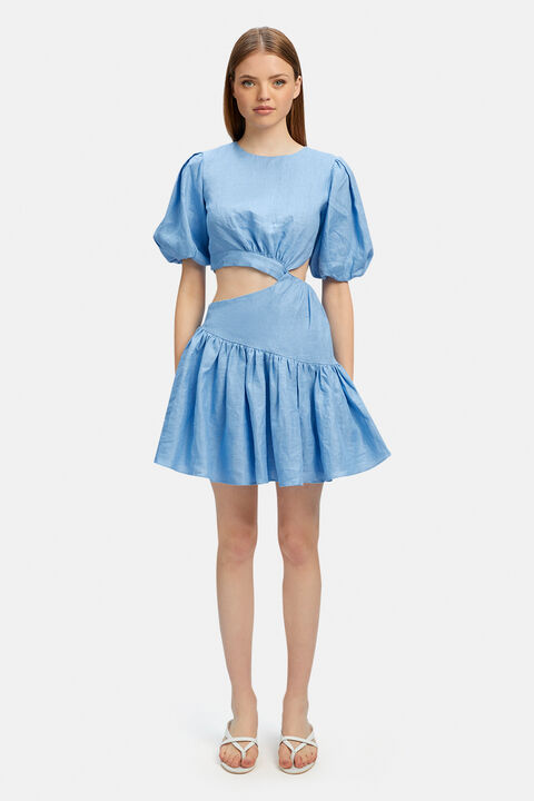 MIMI LINEN MINI DRESS in colour CERULEAN