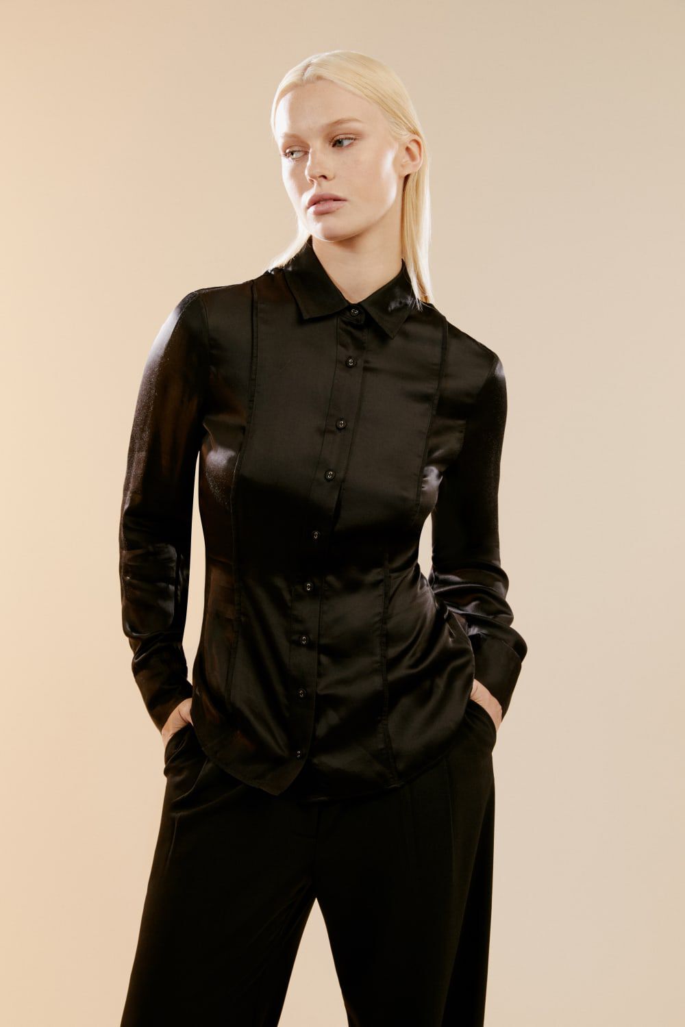 FITTED SATIN SHIRT in colour CAVIAR