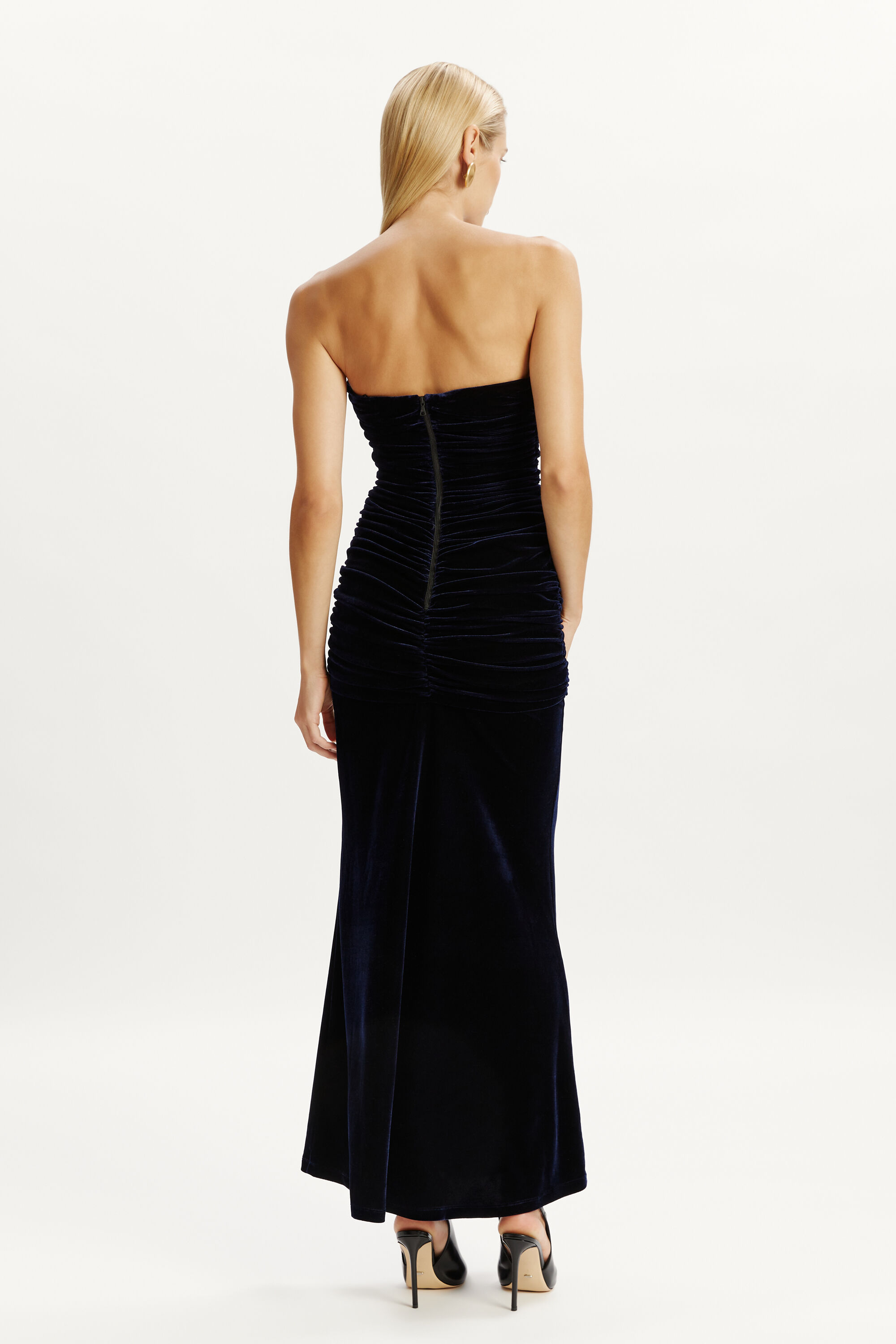 bardot blue velvet dress Meela Navy Velvet Bardot Maxi Dress