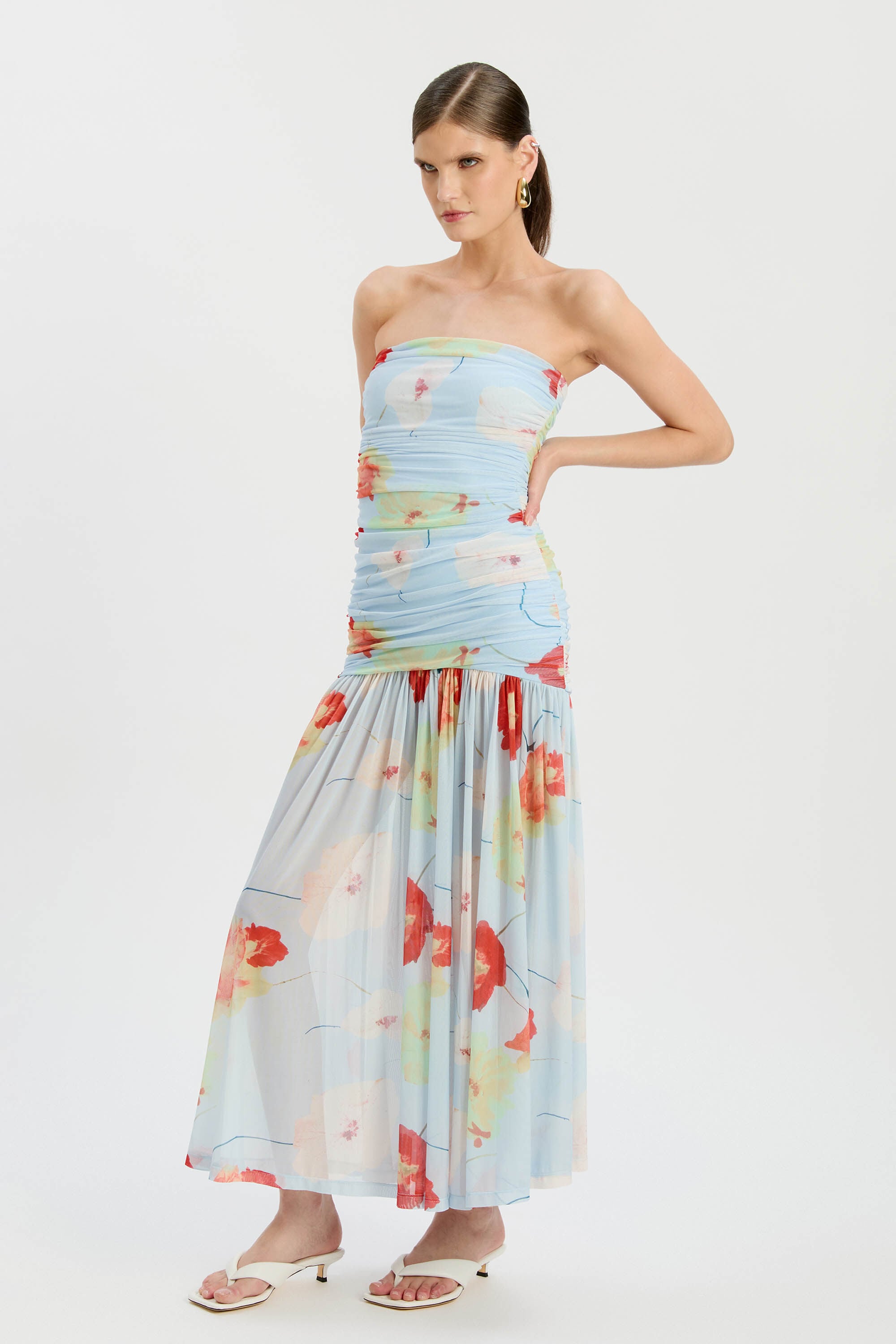 baby blue bardot fishtail maxi dress mesh cape retail Layana Asym Maxi Dress In Light Blue
