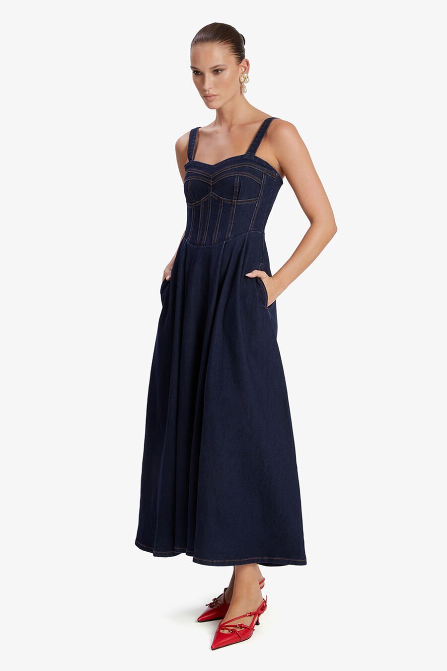 LILAH DENIM MIDI DRESS in colour DARK