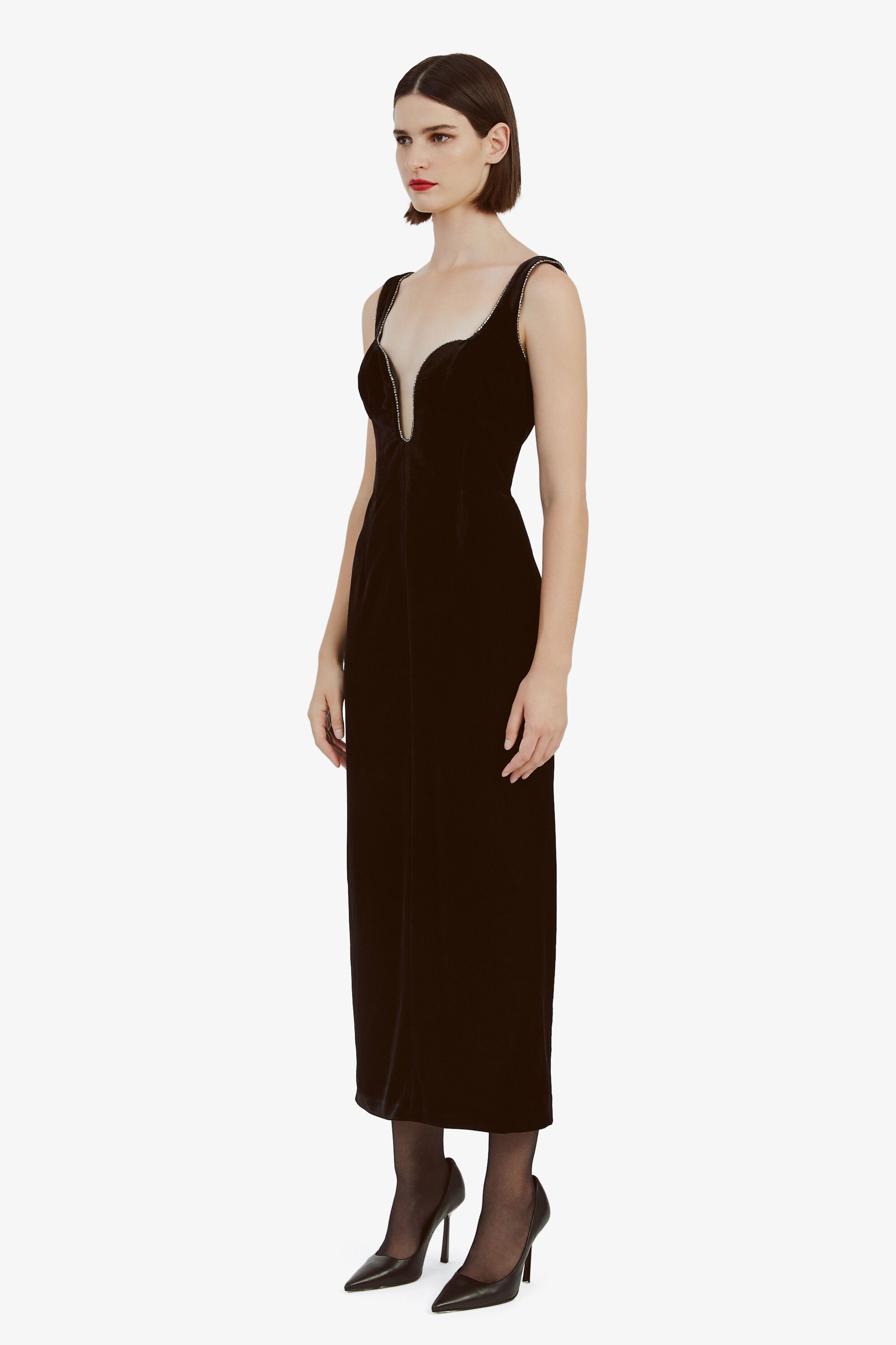 Brooklyn Velour Midi Dress In Black | Bardot