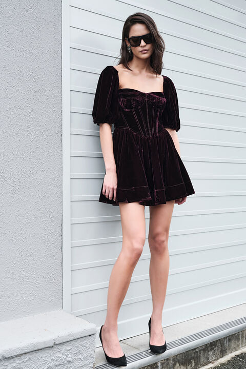 VELOUR CORSET MINI DRESS in colour BURGUNDY