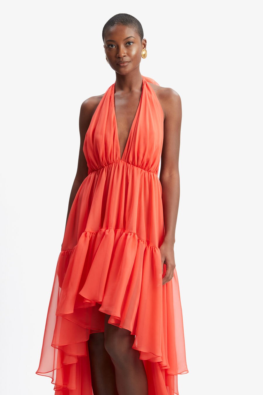 LEONA HIGH LOW RUFFLE DRESS in colour FIRE RED