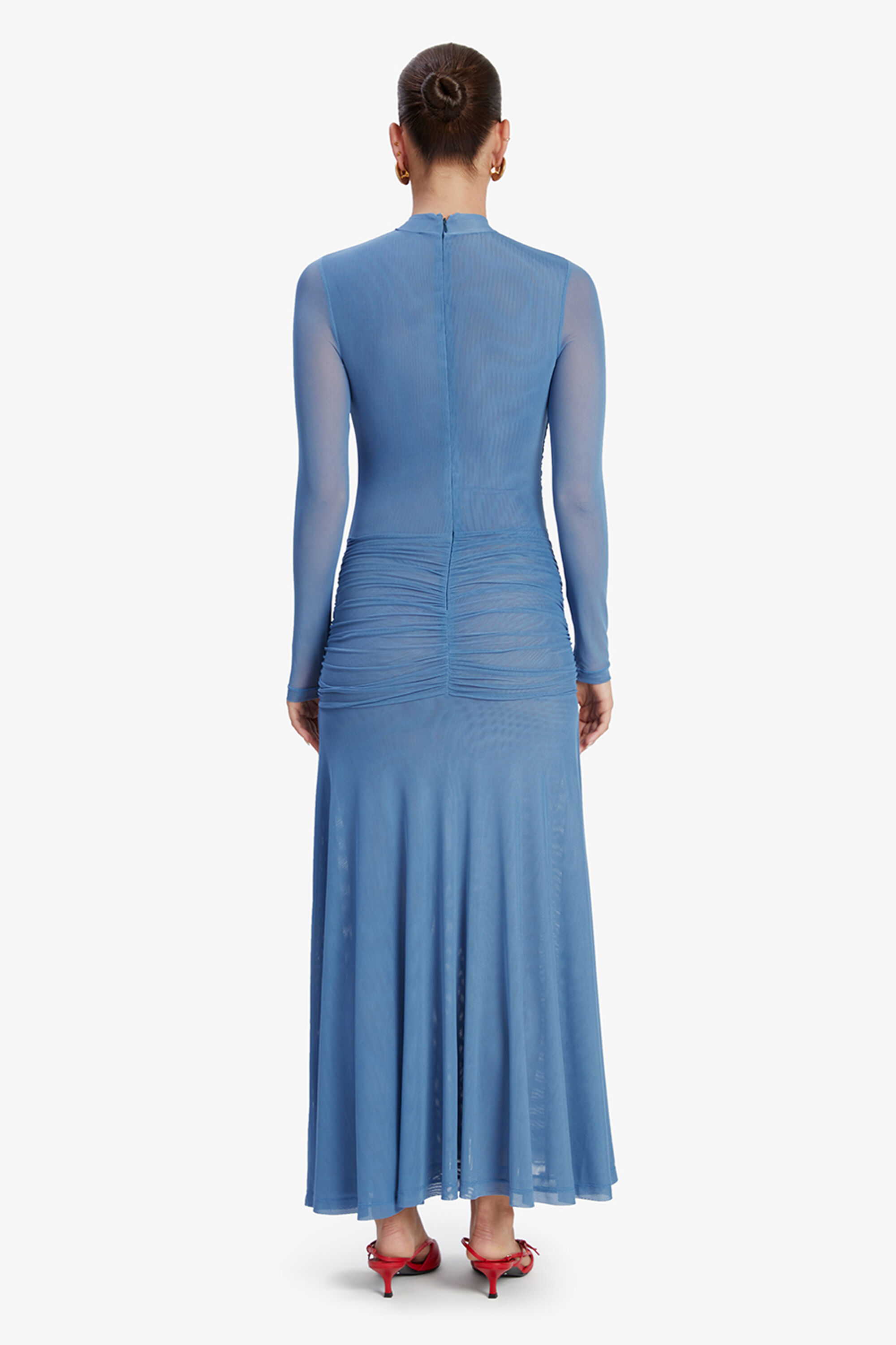Liyana Ruched Mesh Dress In Dusty Blue Bardot