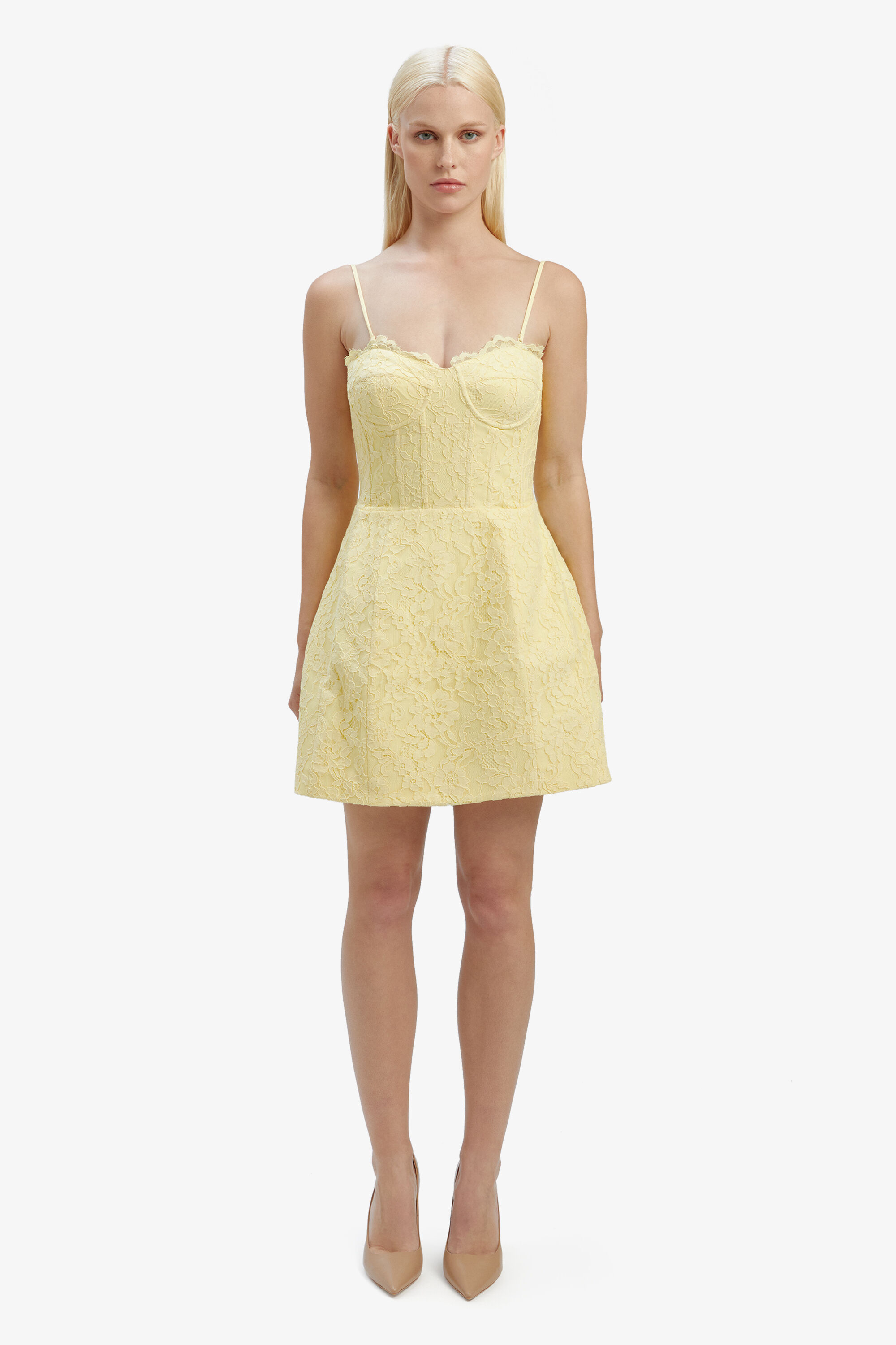 Clarina Lace Mini Dress In Canary Yellow Bardot