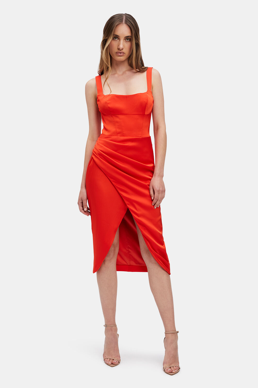 Orange bardot midi dress deals