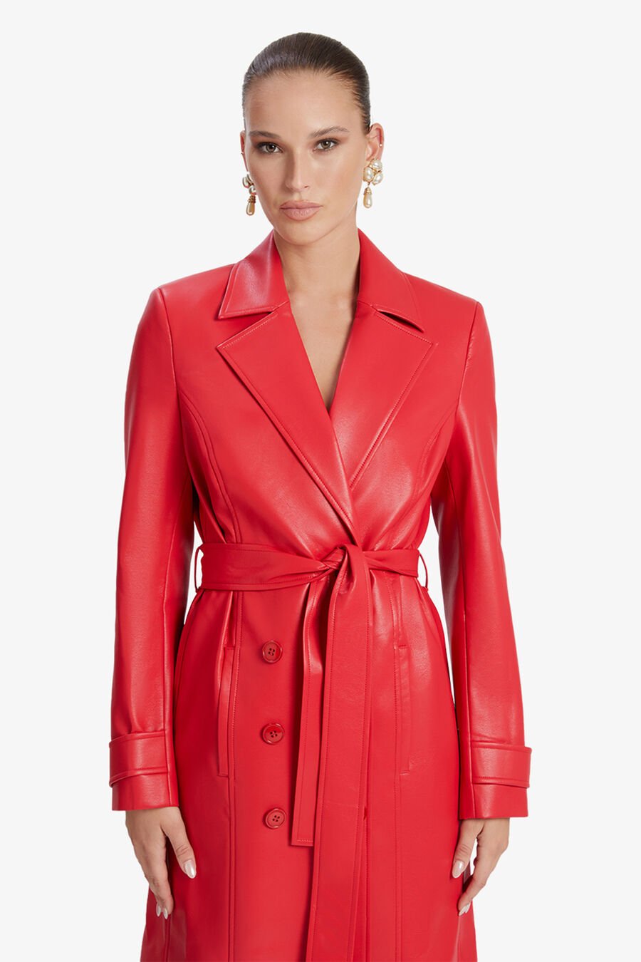 VEGAN LEATHER TRENCH COAT in colour FAMOUS RED