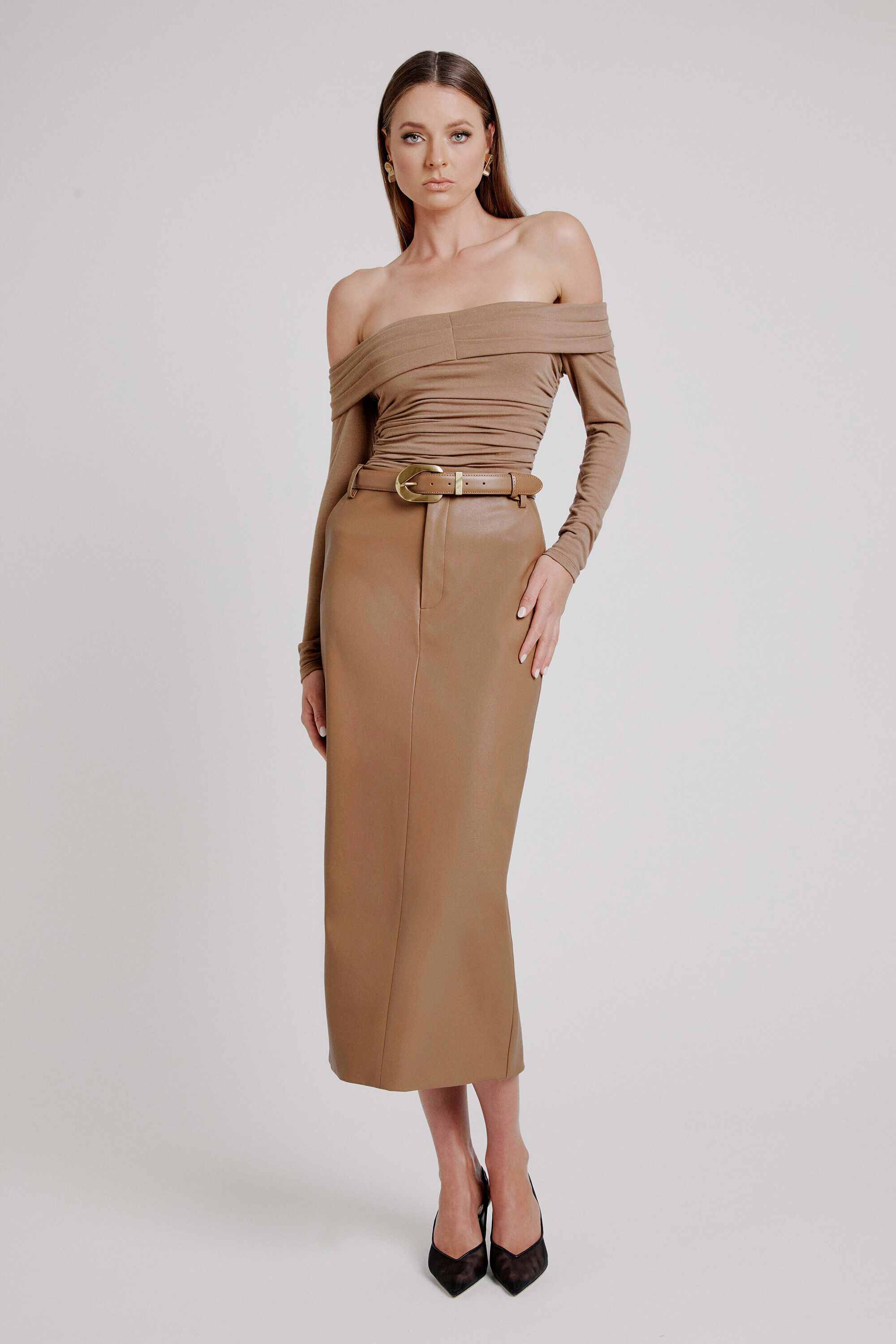 Tailored Vegan Leather Skirt In Soft Camel | Bardot