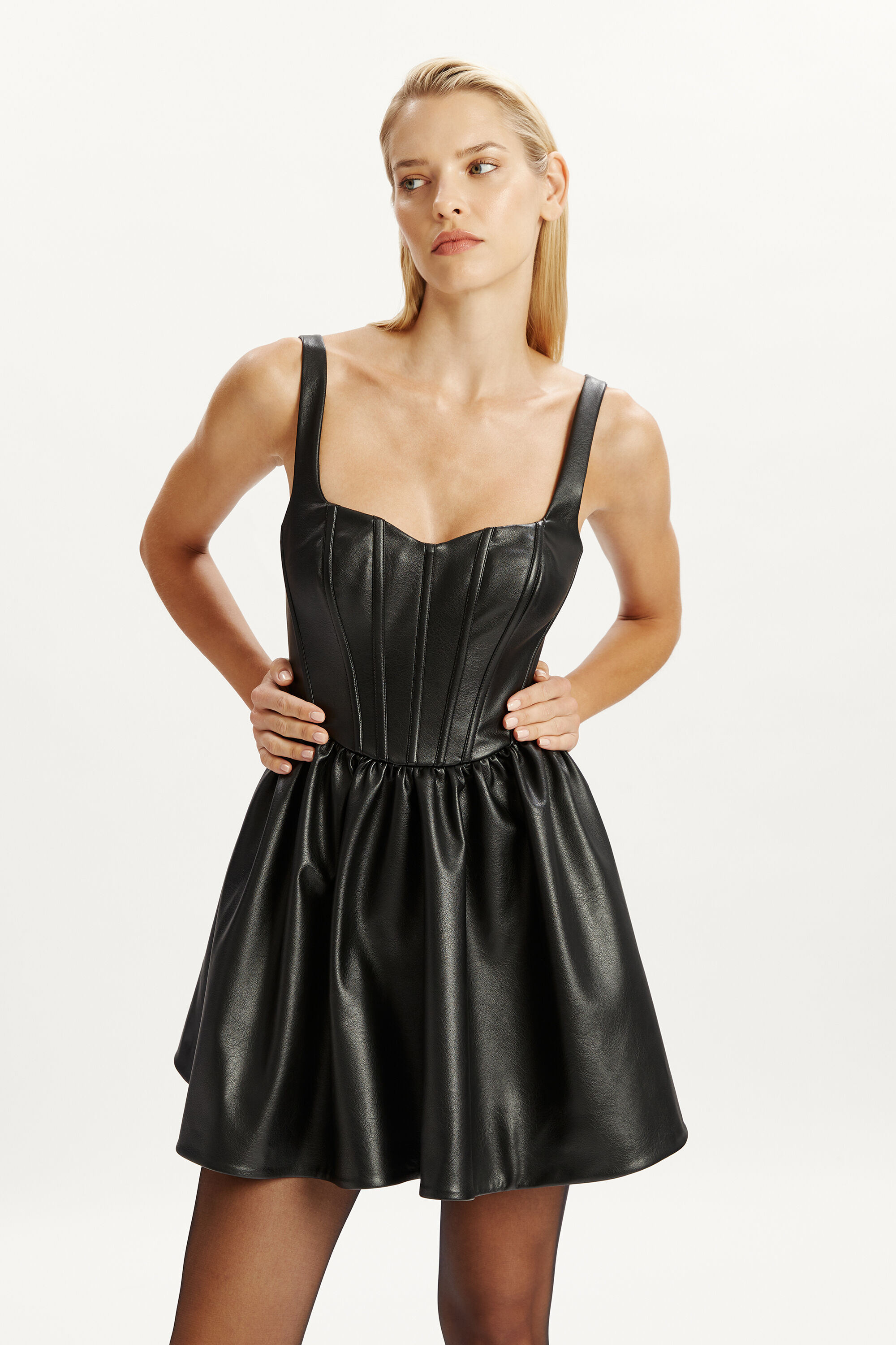 Savoy Vegan Leather Mini Dress In Black | Bardot