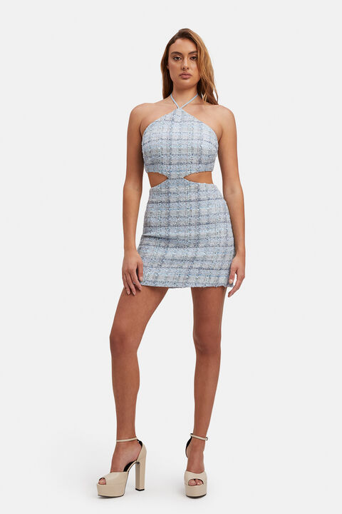 ROMA BOUCLE MINI DRESS in colour CERULEAN