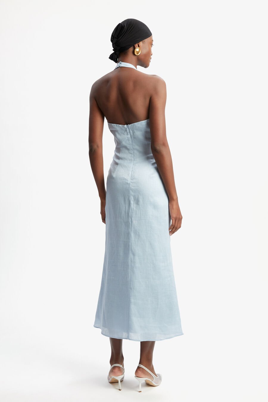 PAOLA HALTER LINEN MIDI DRESS in colour SOFT BLUE
