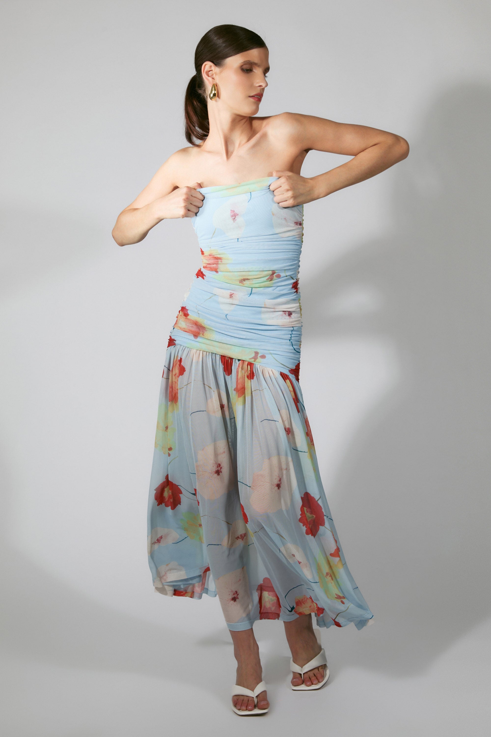 baby blue bardot fishtail maxi dress mesh cape retail ASOS DESIGN mesh bardot maxi dress with drape and ruffle detail in pale blue