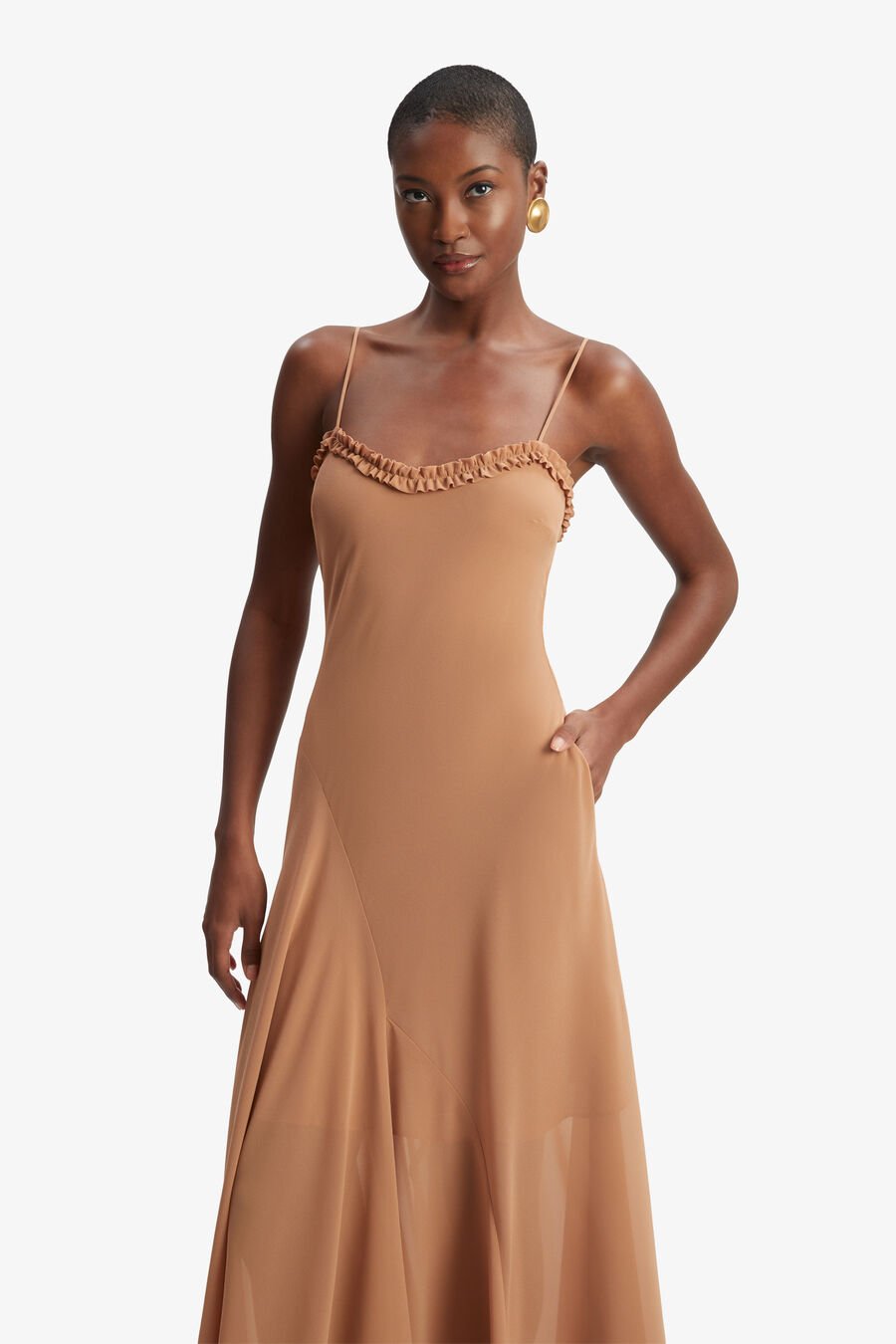 TATIAN FRILL TRIM MAXI DRESS in colour TAN