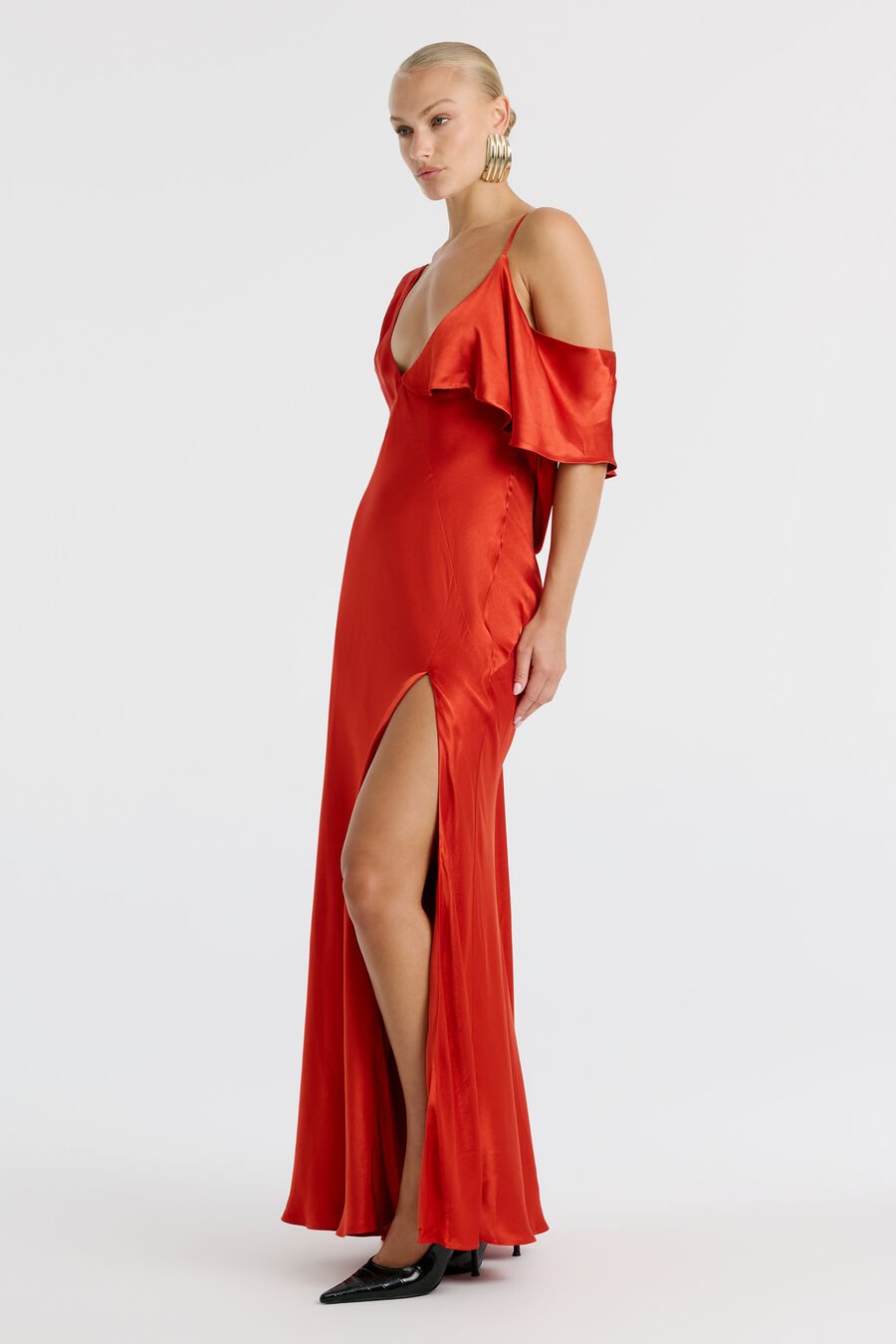 AGNES SATIN MAXI DRESS in colour Burnt Red