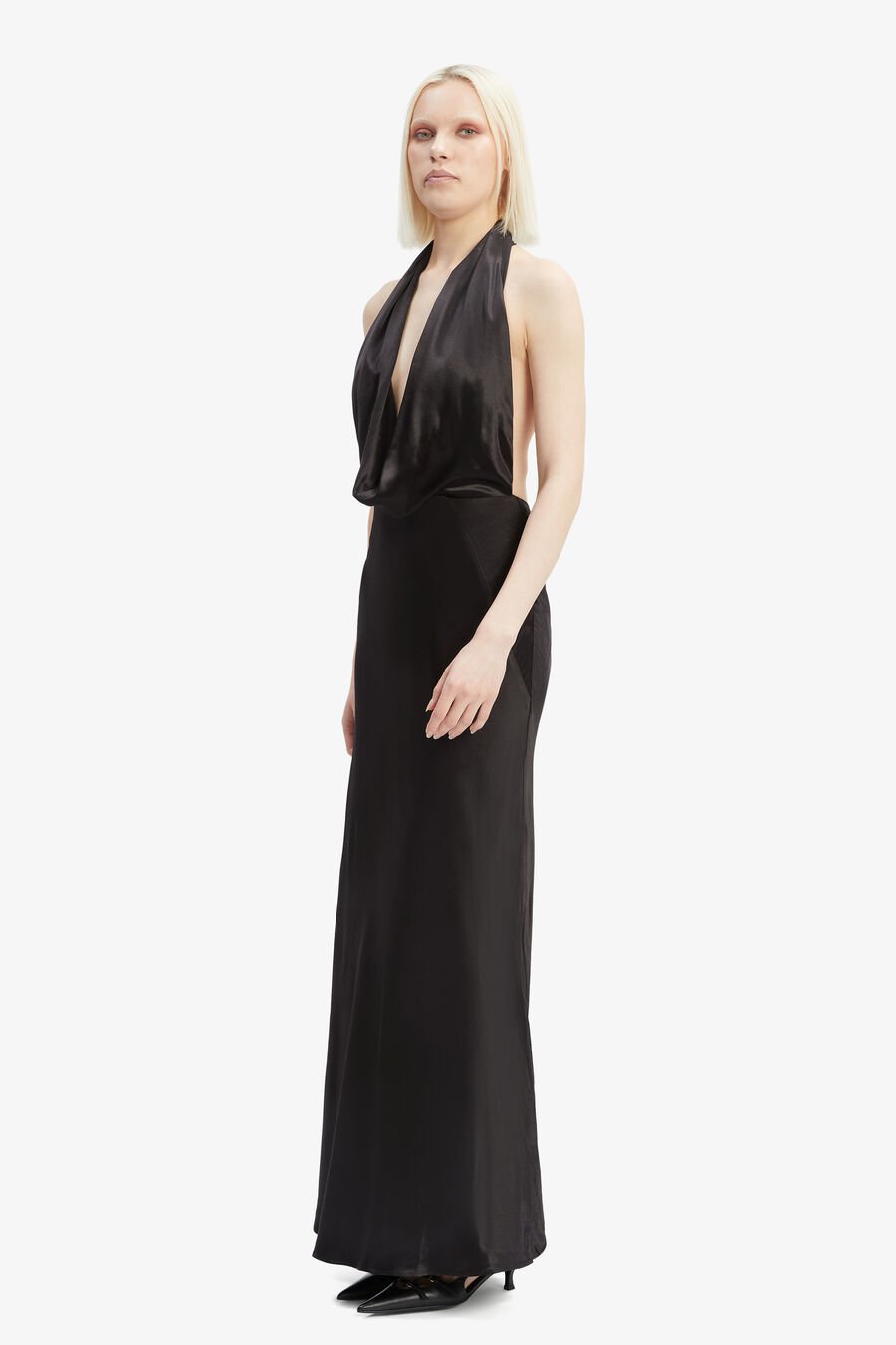 NOLA SATIN COWL MAXI DRESS in colour BLACK