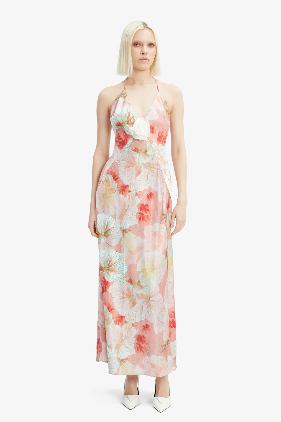 ARADIA PRINTED HALTER DRESS in colour PEACH FLOR