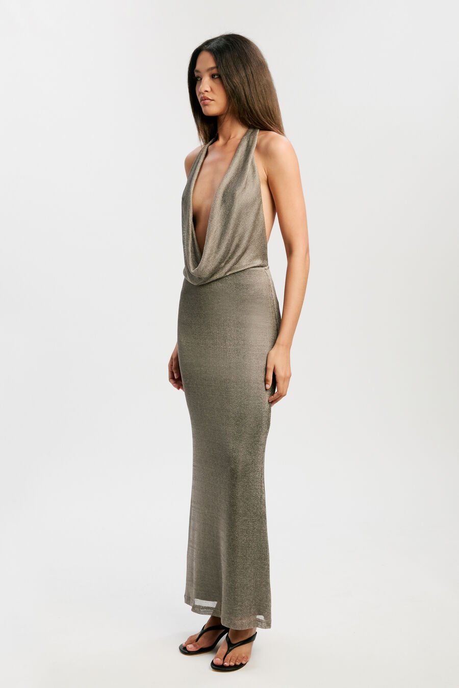NOLA LUREX COWL MAXI DRESS in colour SILVER